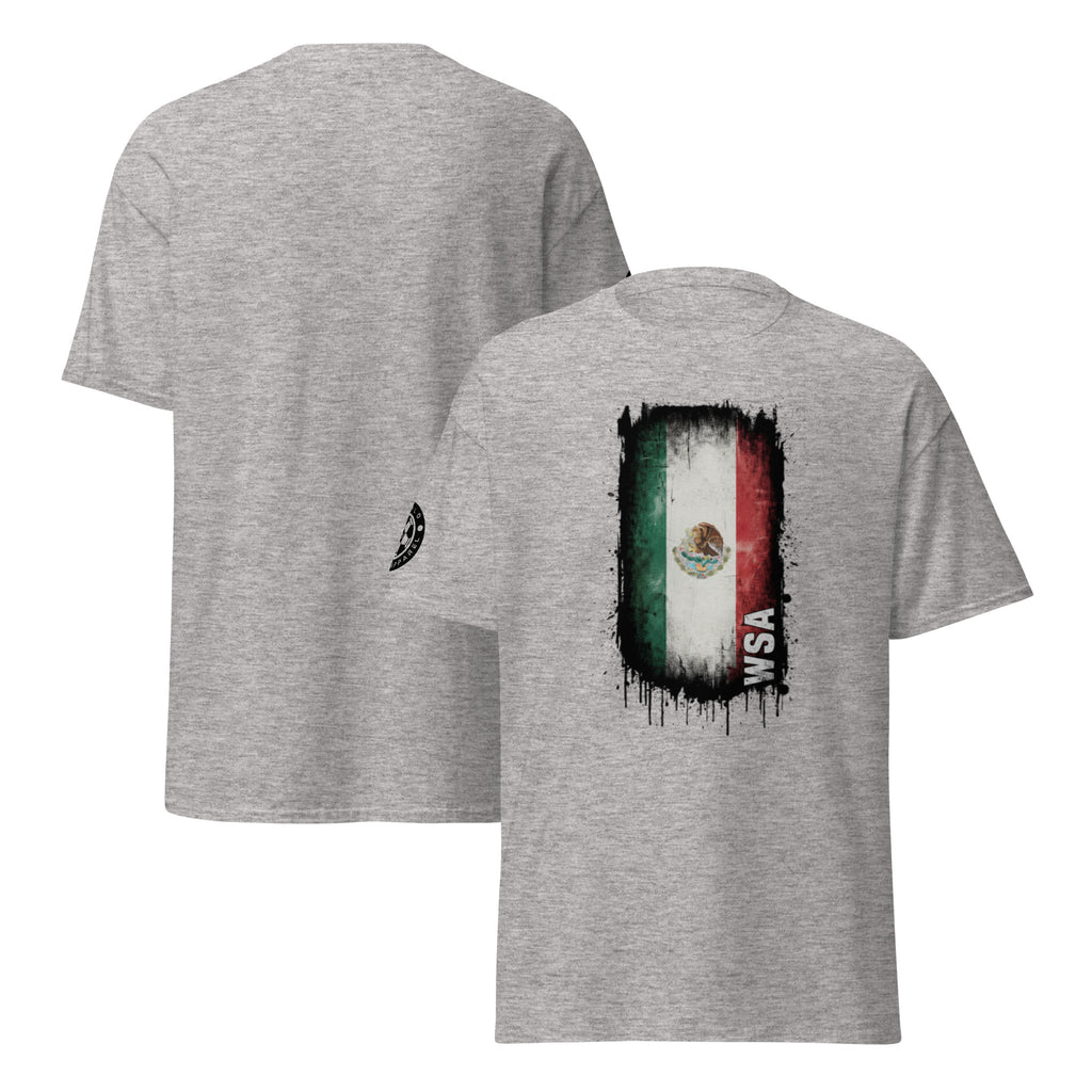 Gray t-shirt with Mexican flag design on the front and back