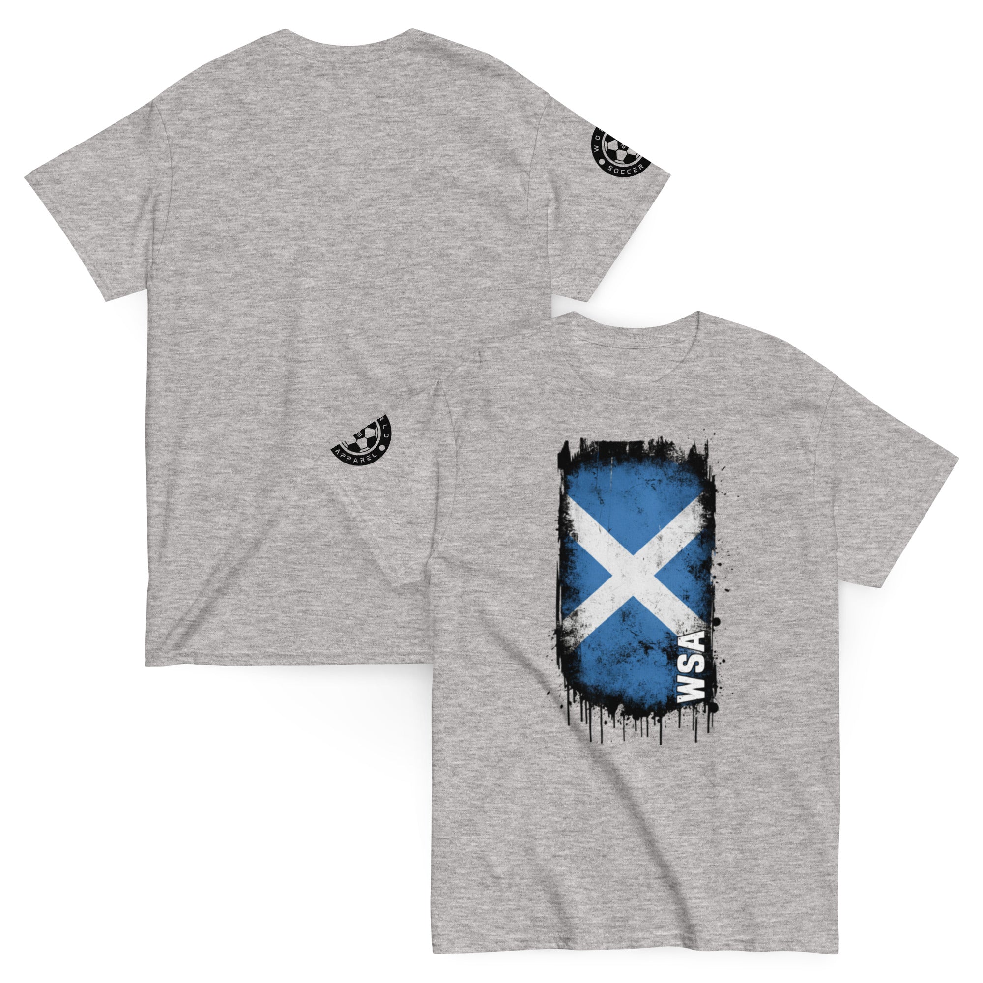Gray t-shirt with Scottish flag design on a white background