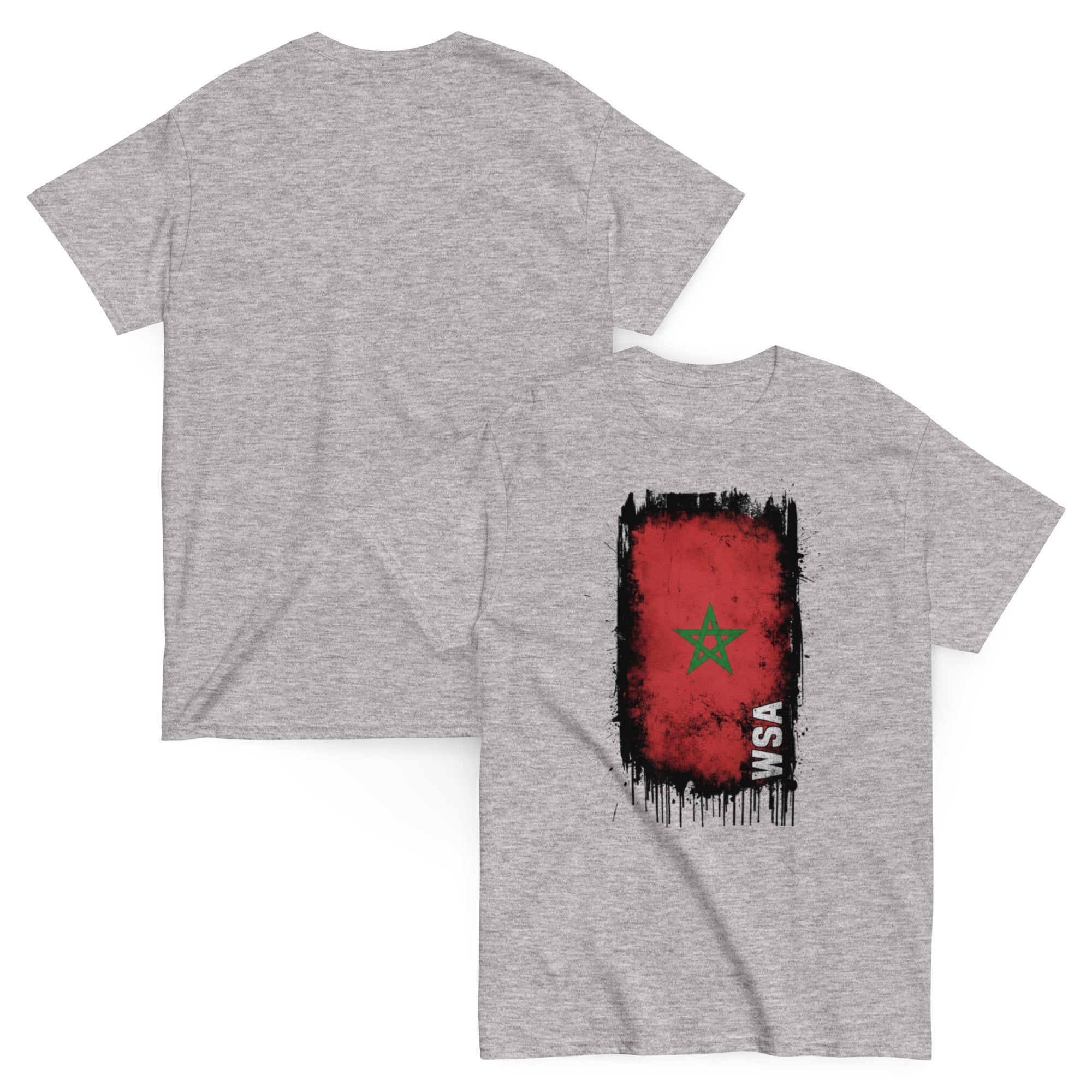 Gray t-shirt with a red and black flag design on the back, on a white background