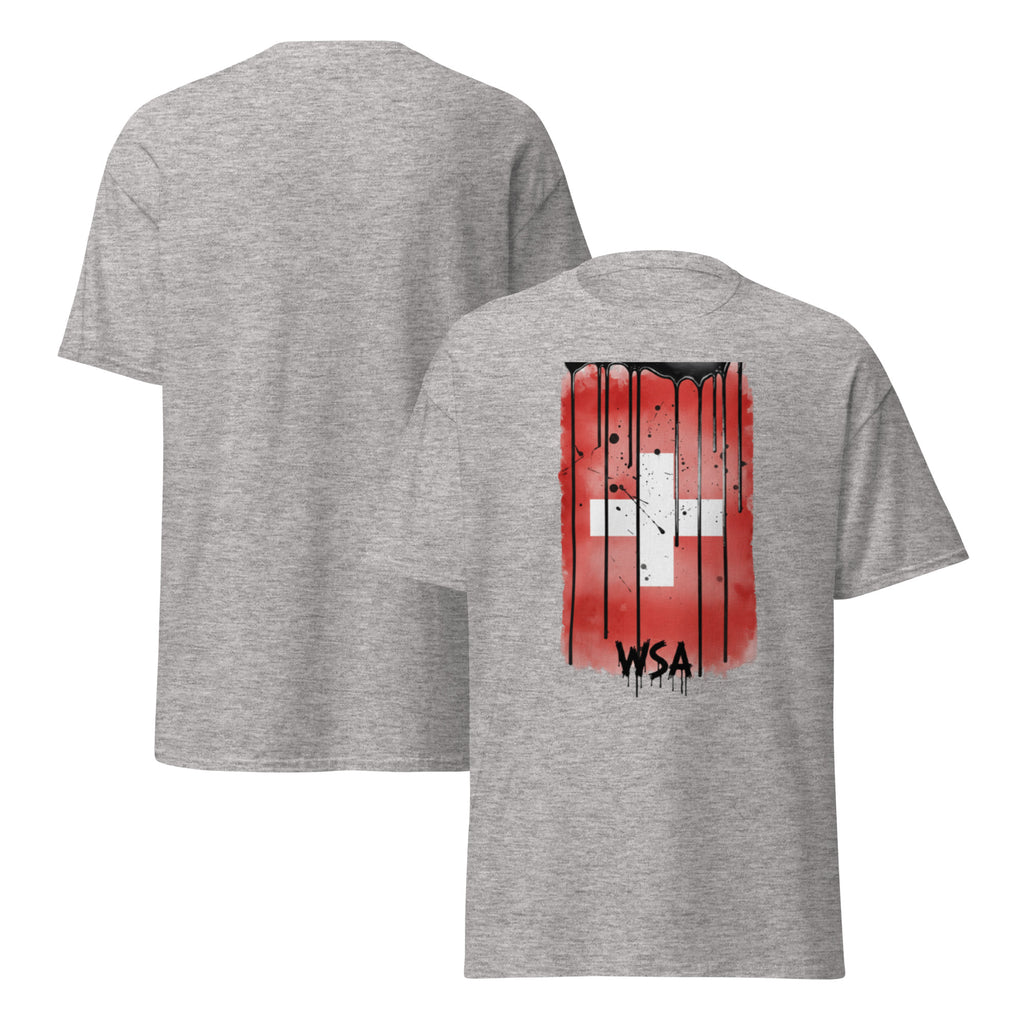 Gray t-shirt with red and white graphic design on the back, displayed from front and back views.