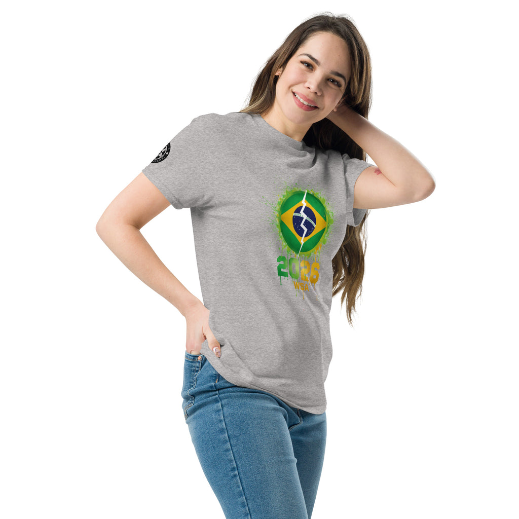 Woman wearing a gray t-shirt with a Brazilian flag design on a white background