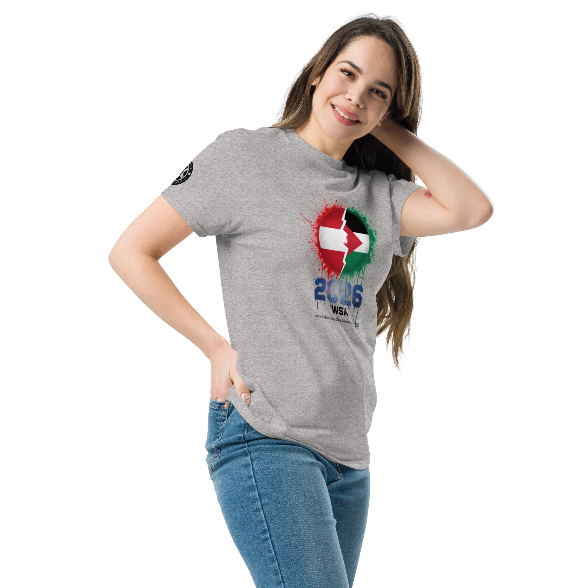 Woman wearing a gray t-shirt with a colorful design on a white background