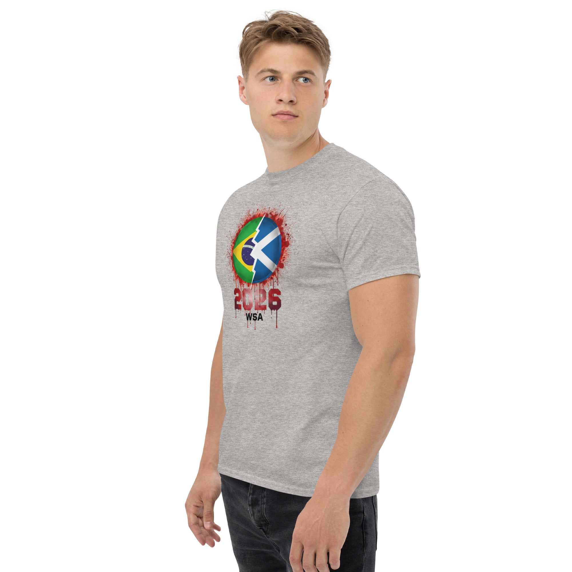 Man wearing a gray t-shirt with a colorful graphic design on a white background