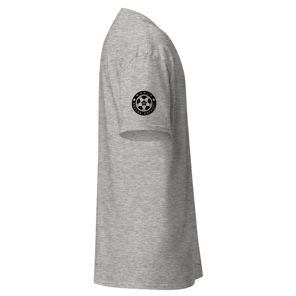 Gray t-shirt with a logo on the sleeve against a white background