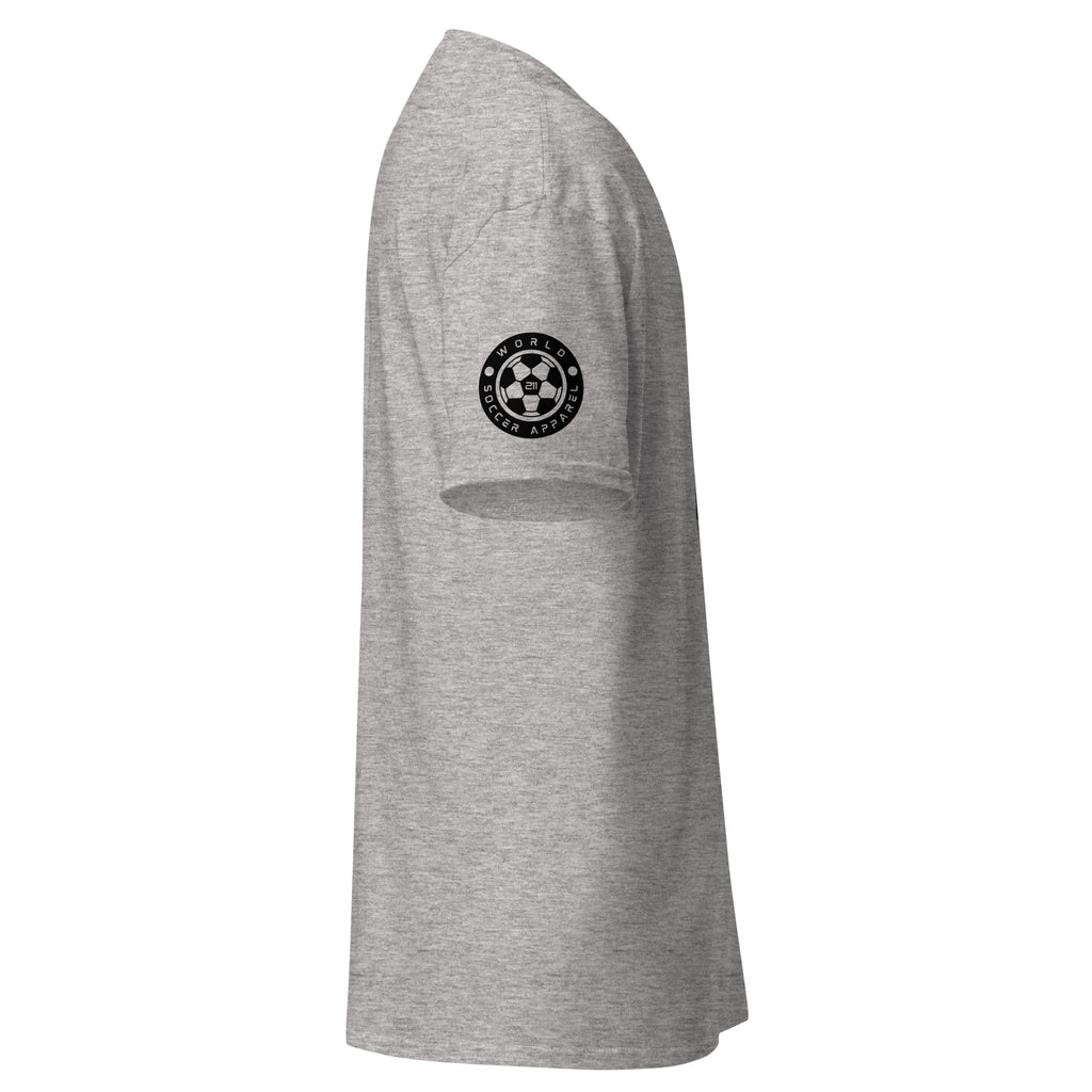 Gray t-shirt with a black logo on the sleeve against a white background
