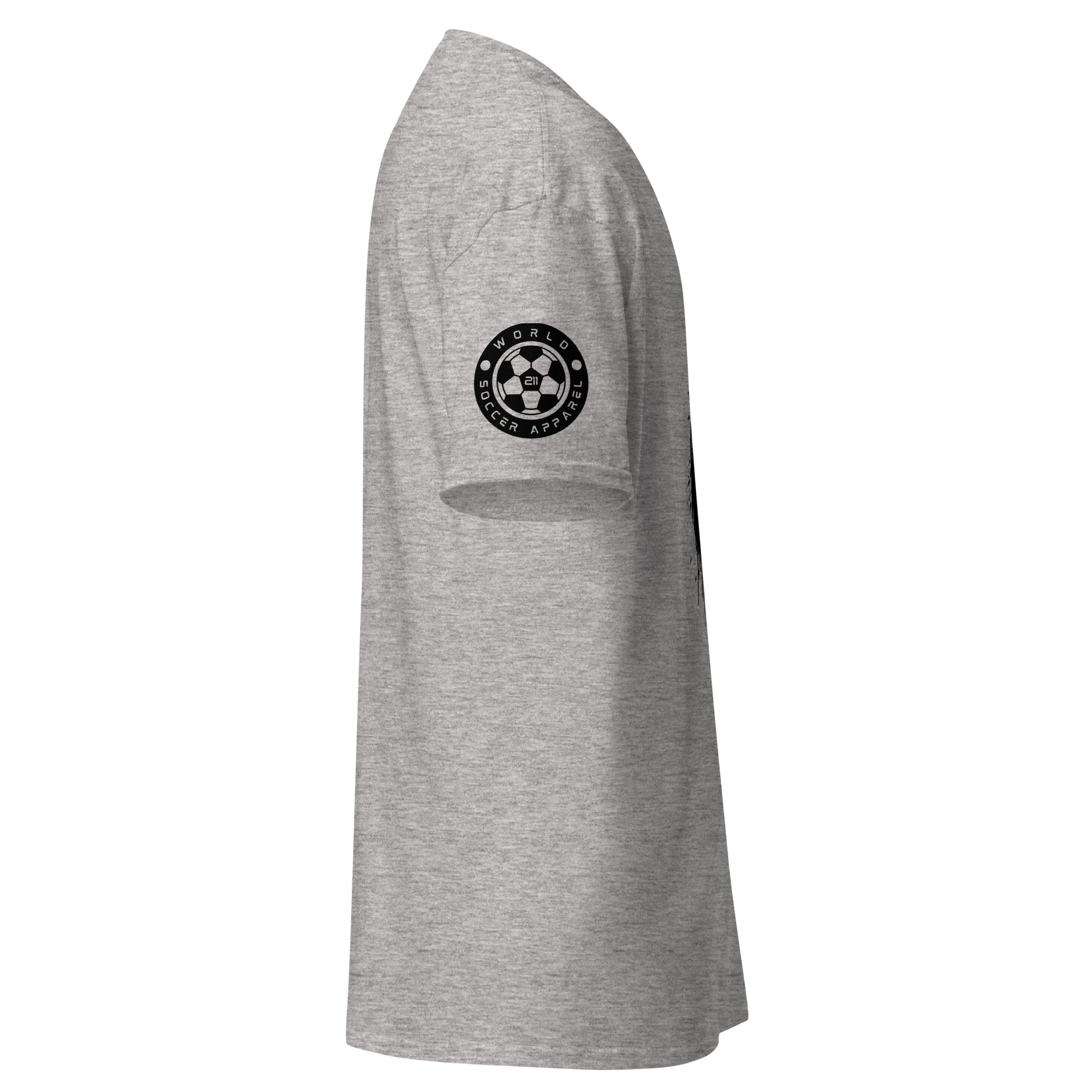 Gray t-shirt with a logo on the sleeve against a white background