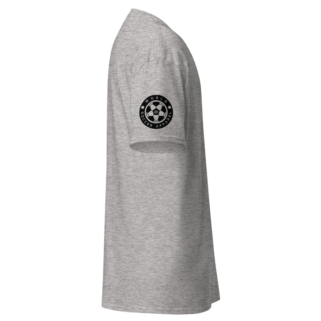Gray t-shirt with a black logo on the sleeve against a white background