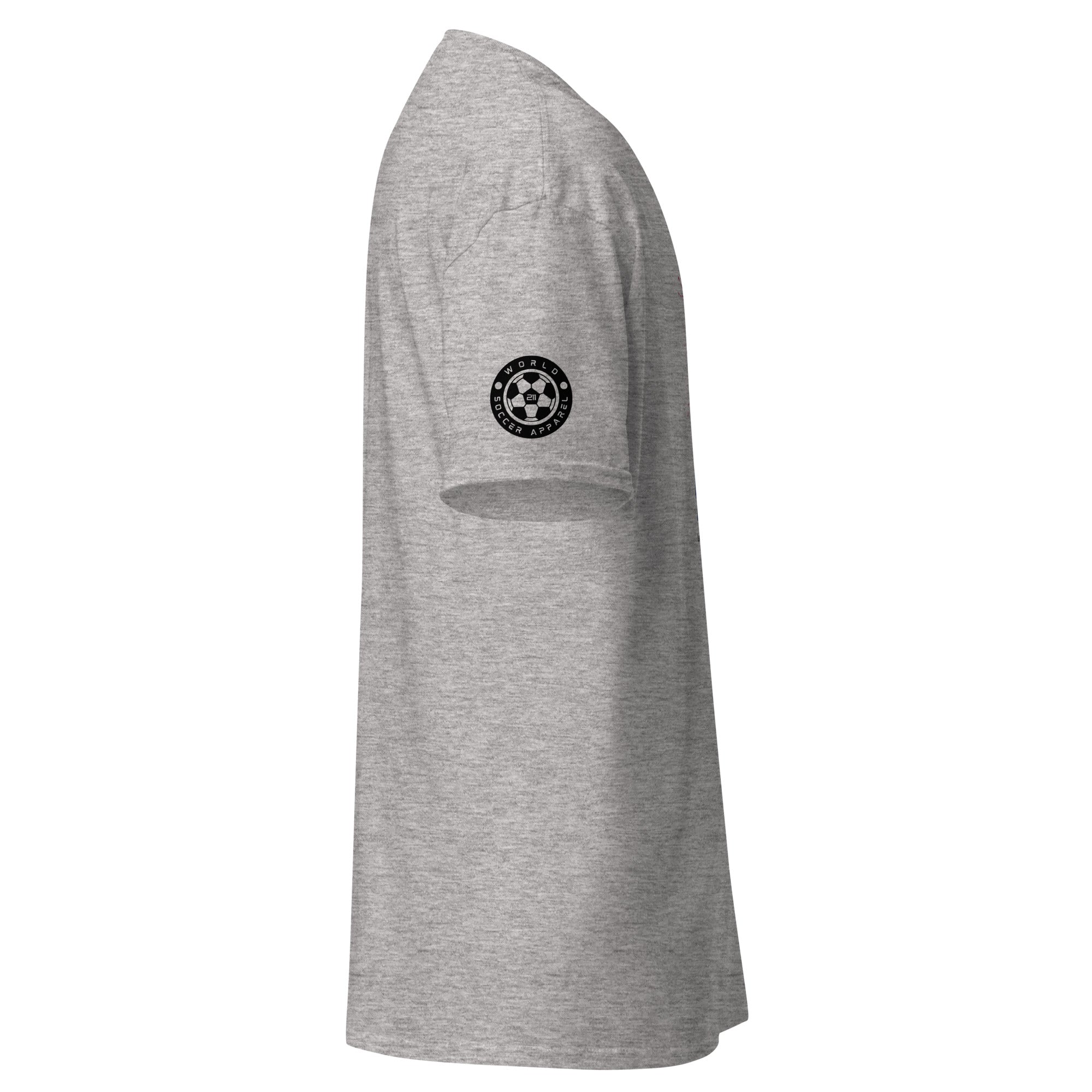Gray t-shirt with a black logo on the sleeve against a white background