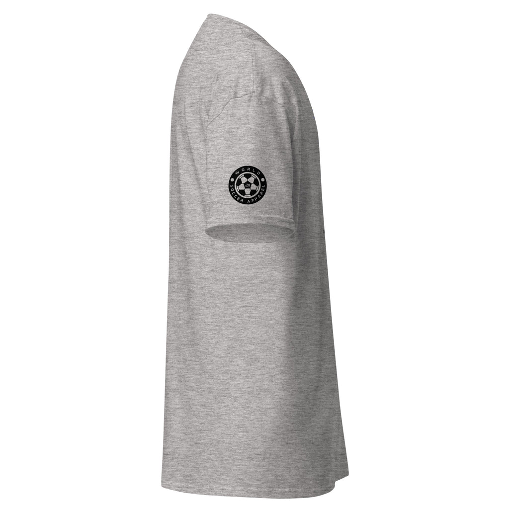 Gray t-shirt with a black logo on the sleeve against a white background