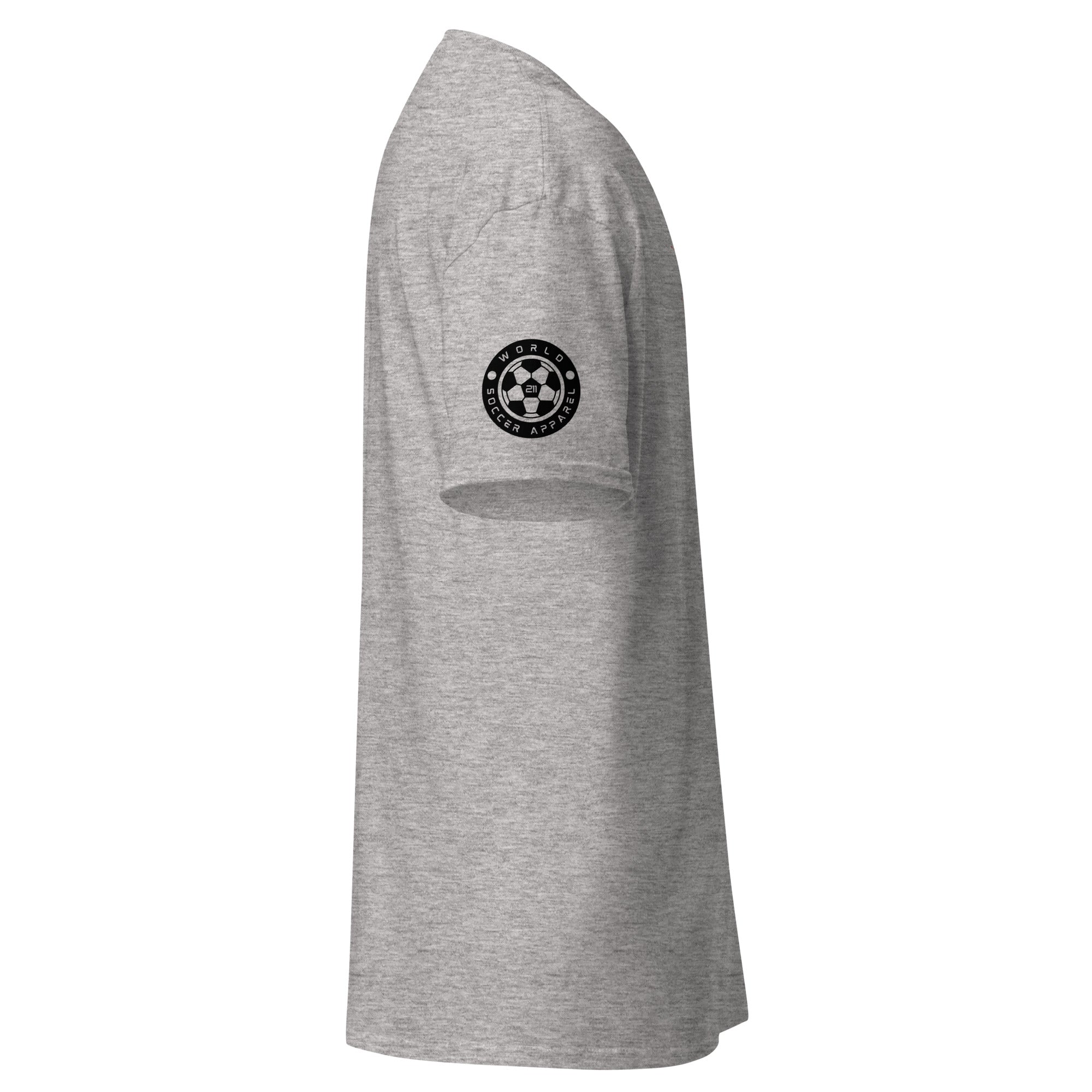 Gray t-shirt with a black logo on the sleeve against a white background
