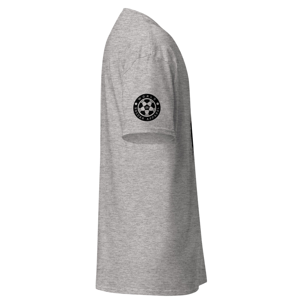 Gray t-shirt with a black logo on the sleeve against a white background