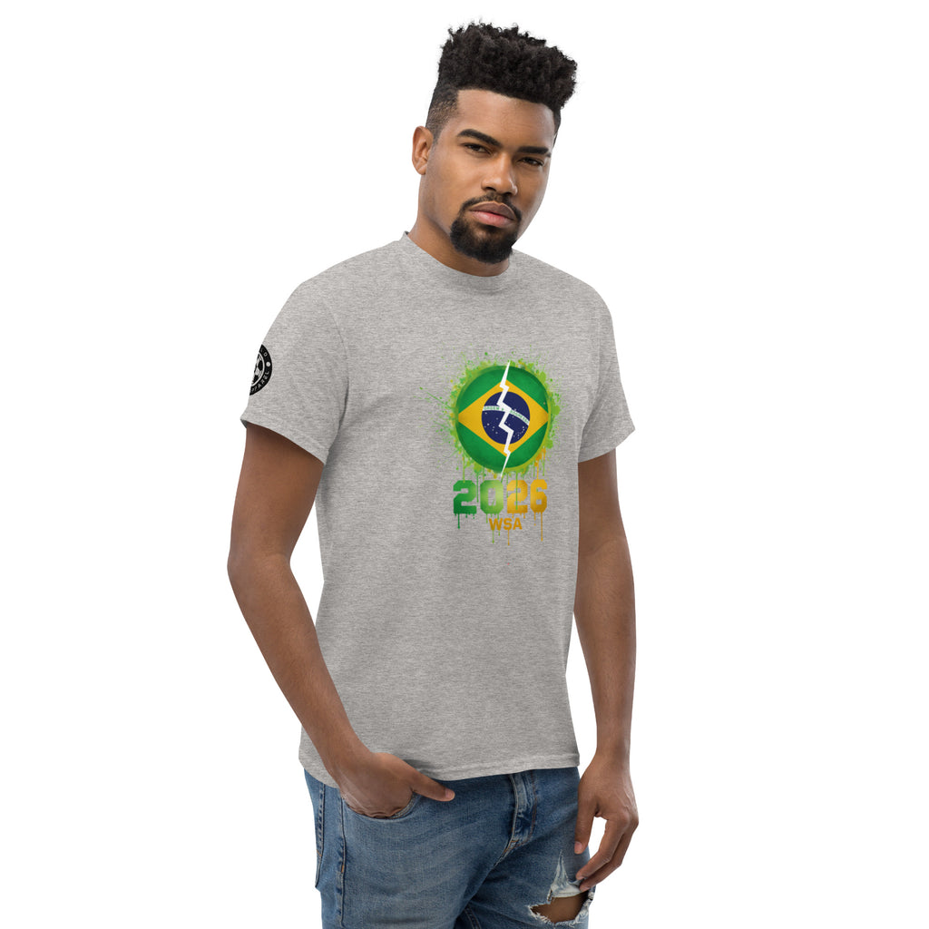 Man wearing a gray t-shirt with a Brazilian flag design on a white background