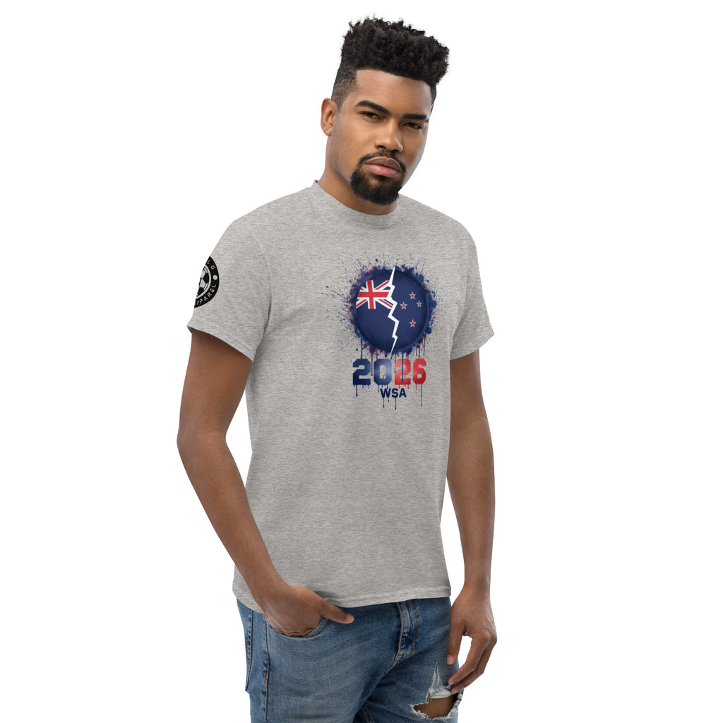 Man wearing a gray t-shirt with a design on a white background