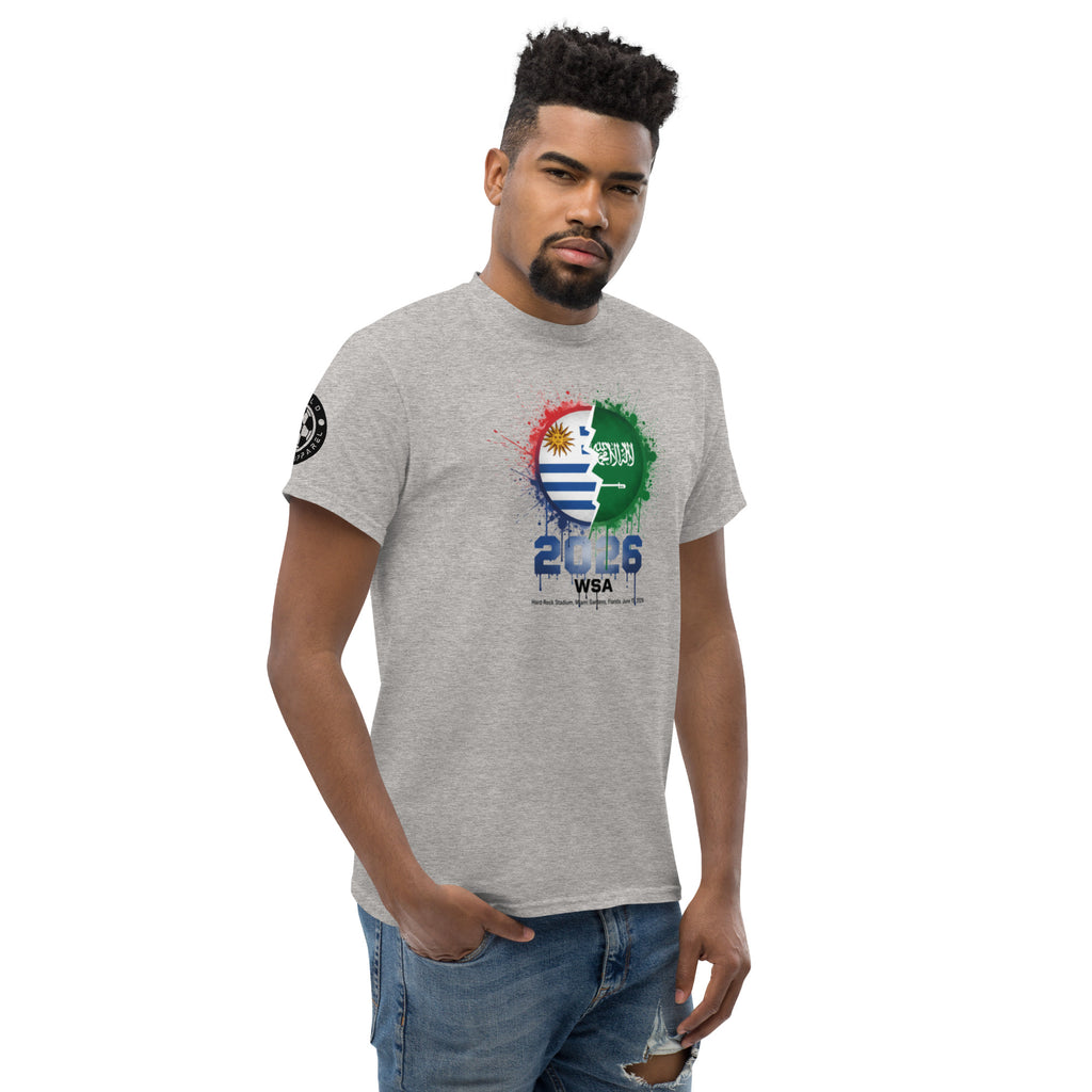 Man wearing a gray t-shirt with a colorful design on a white background