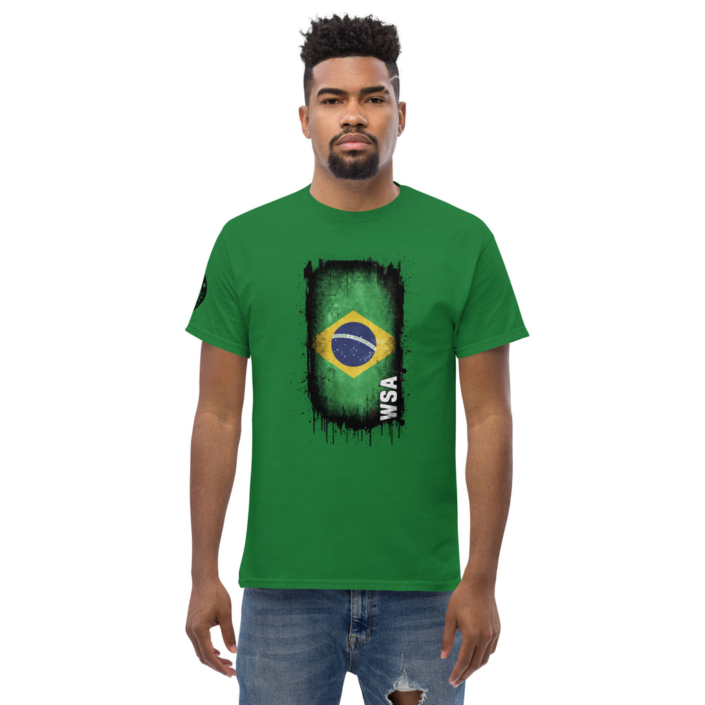Man wearing a green t-shirt with a Brazilian flag design on a white background