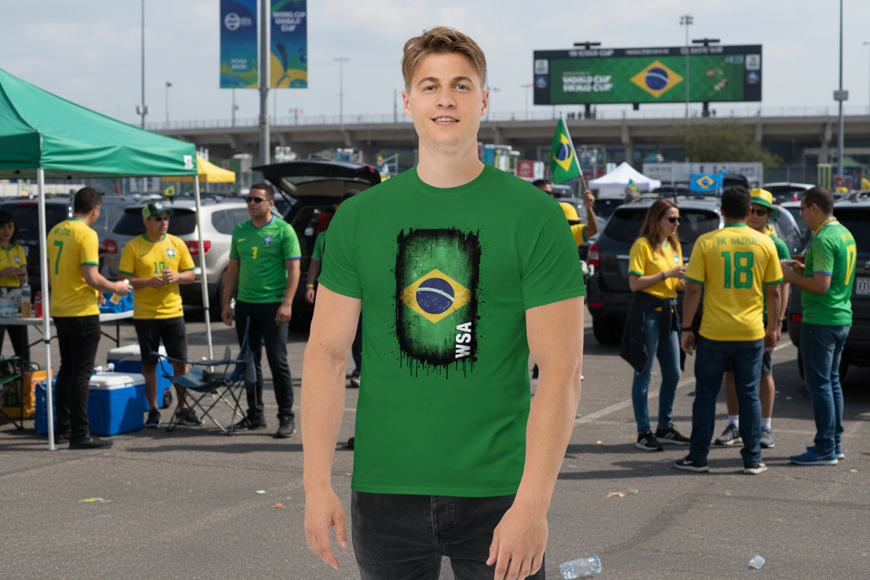 Man wearing a green t-shirt with a Brazilian flag design on a white background