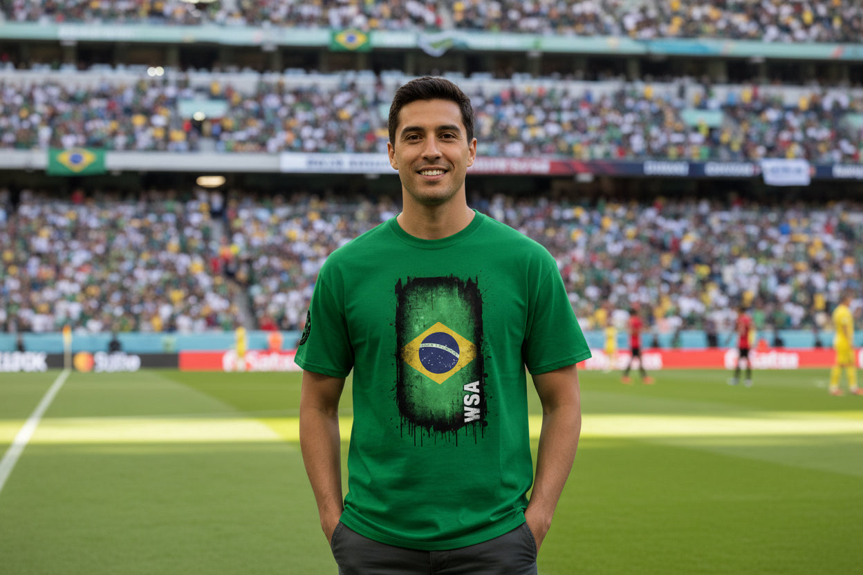 Green t-shirt with Brazilian flag design and 'WSA' text on a white background