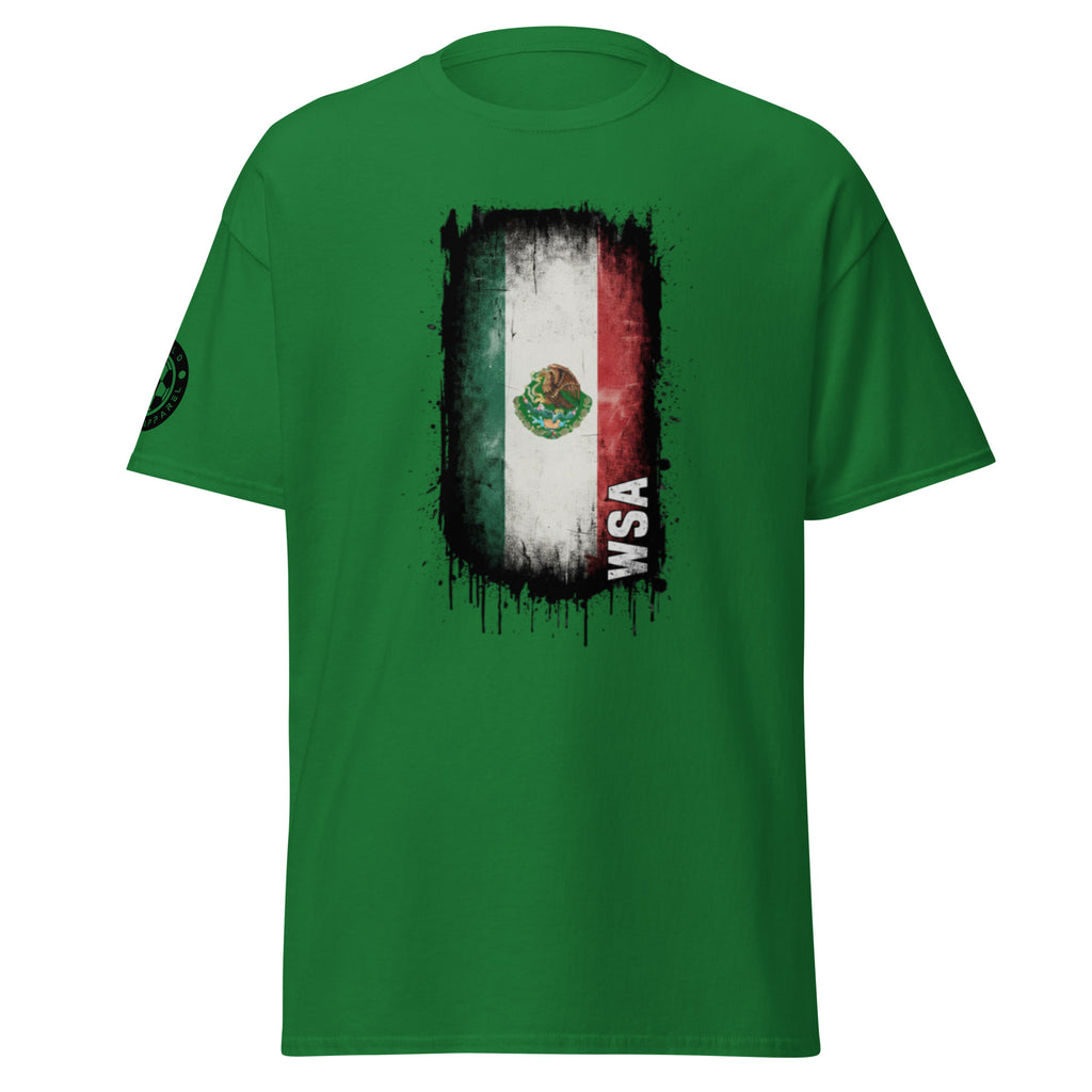 Green t-shirt with a graphic design featuring the Mexican flag and 'WSA' text on a white background.