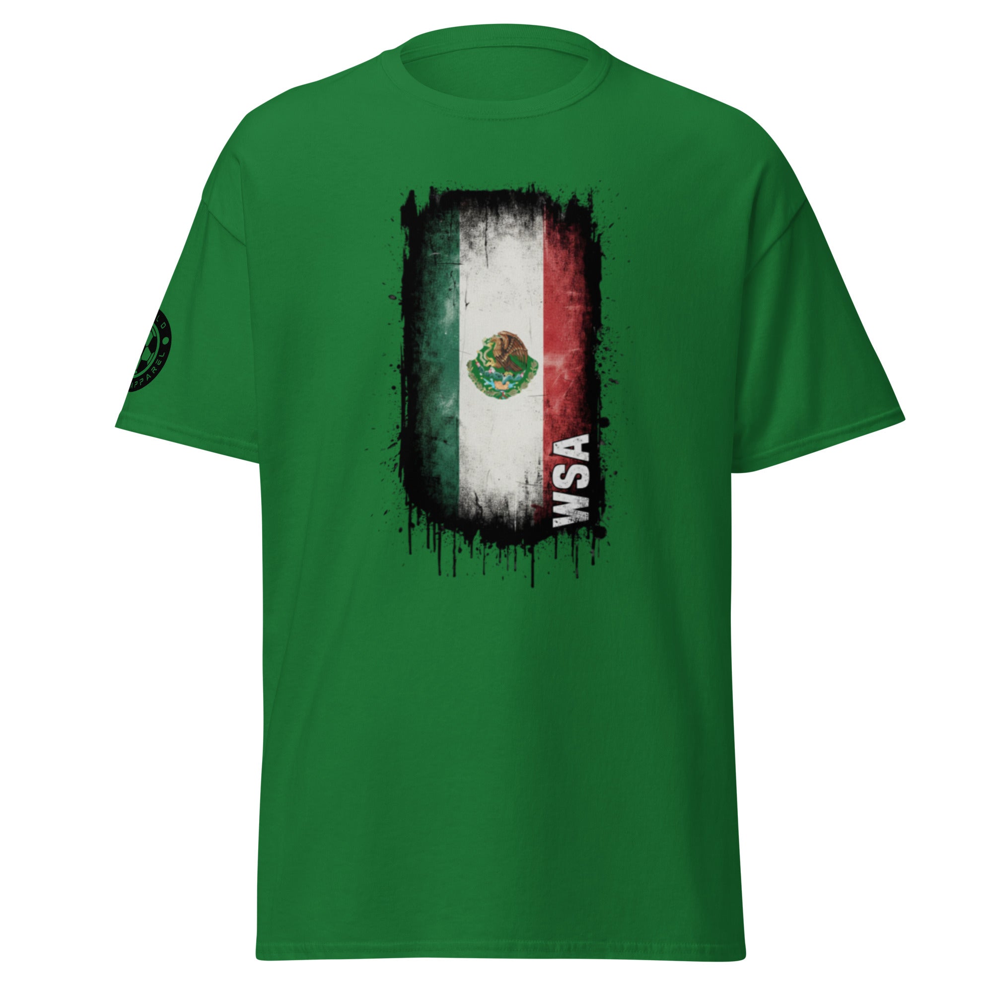 Green t-shirt with a graphic design featuring the Mexican flag and 'WSA' text on a white background.