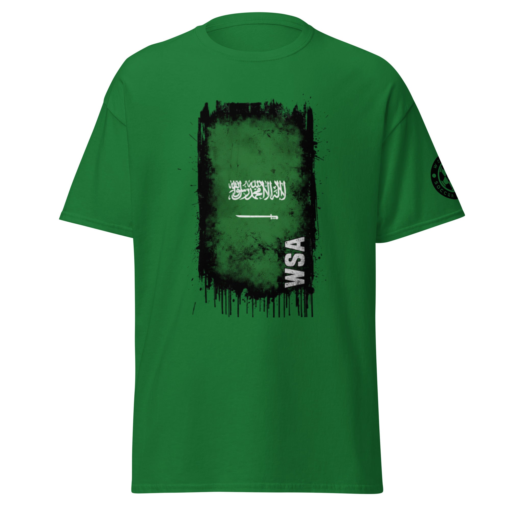 Green t-shirt with black graphic design and 'WSA' text on a white background