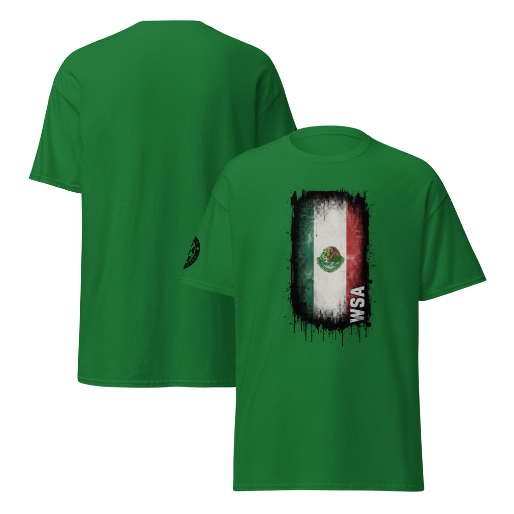 Green t-shirt with a graphic design on the front, displayed from front and back views.
