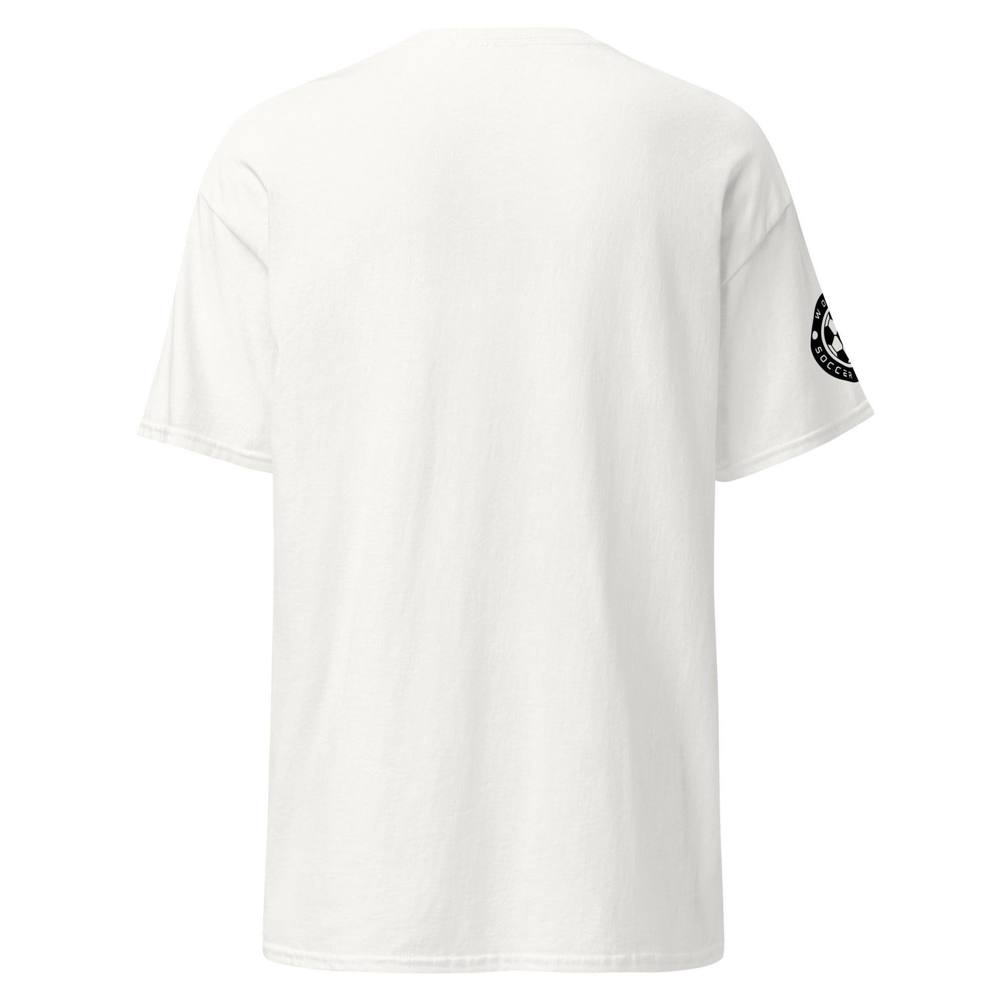 White t-shirt with a black logo on the sleeve against a white background