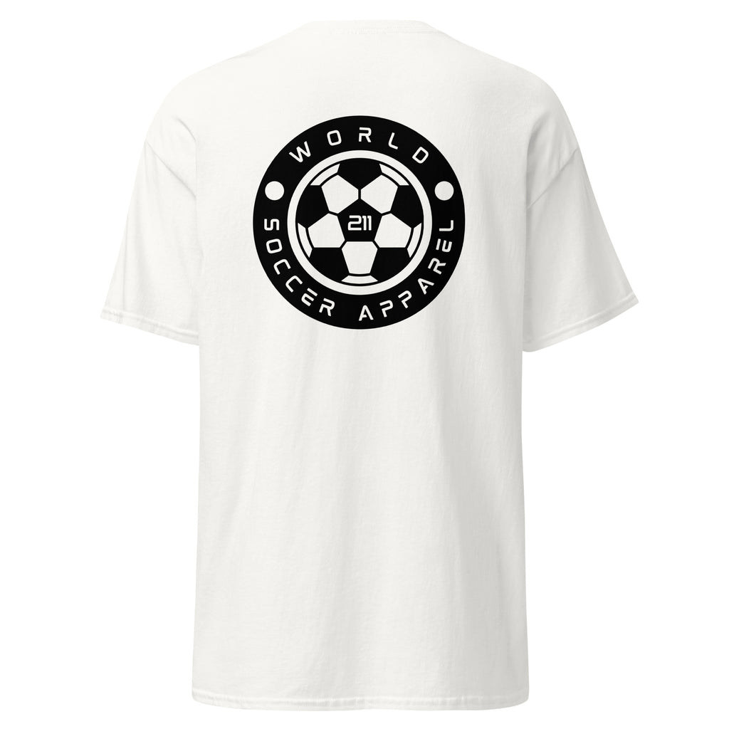 White t-shirt with black 'World Soccer Apparel' logo on a white background