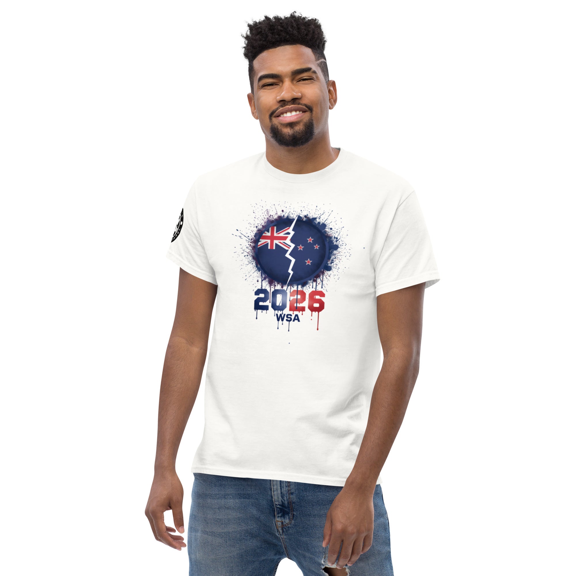 Man wearing a white t-shirt with a design featuring the number 2026 and text on a white background