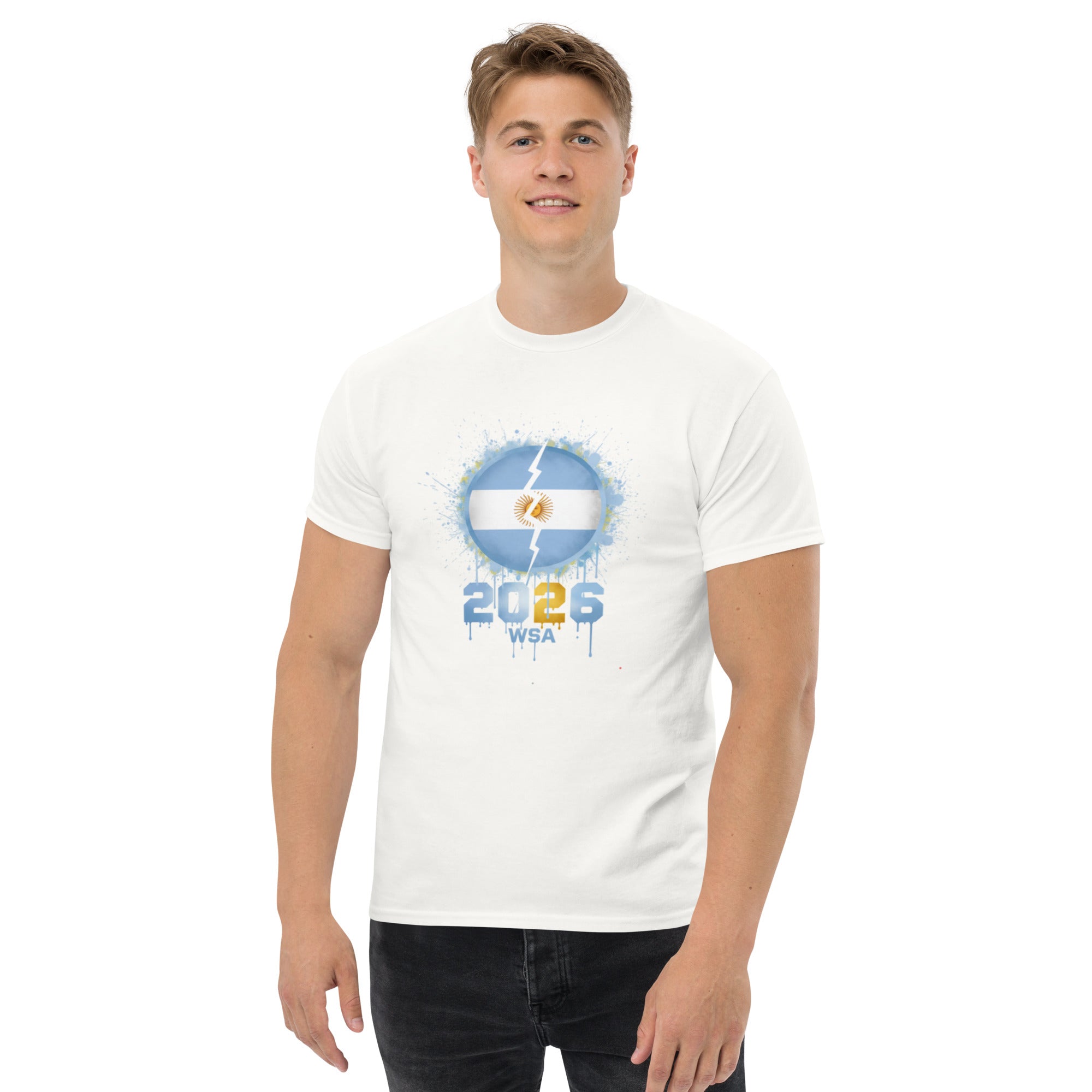 Person wearing a white t-shirt with a graphic design on a white background