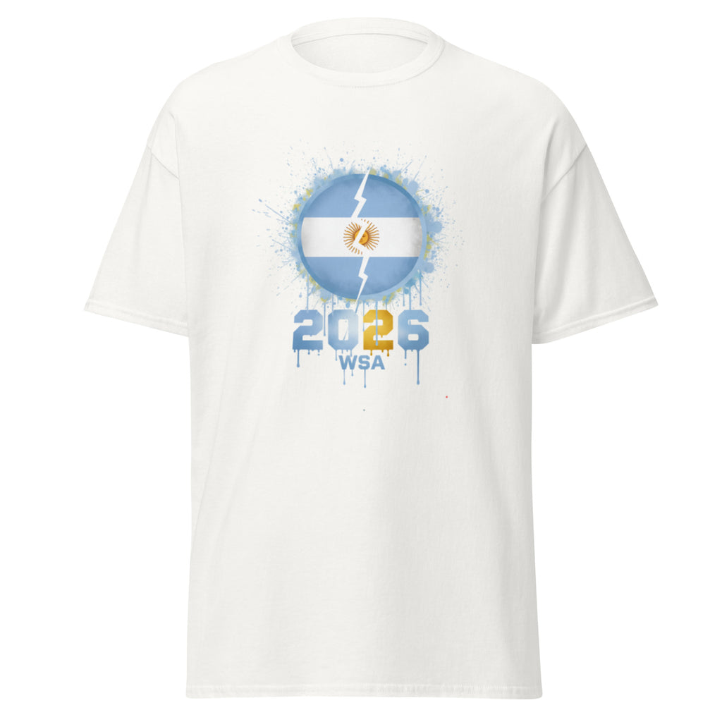 White t-shirt with a graphic design featuring a circle with a lightning bolt and text on a white background