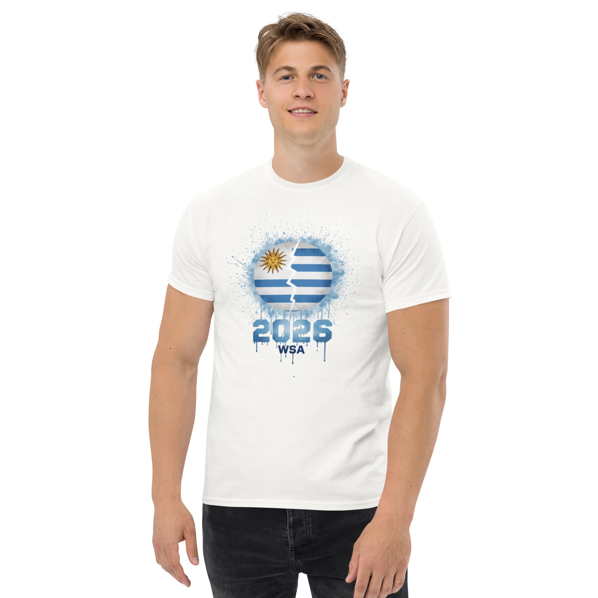 Person wearing a white t-shirt with a graphic design on a white background