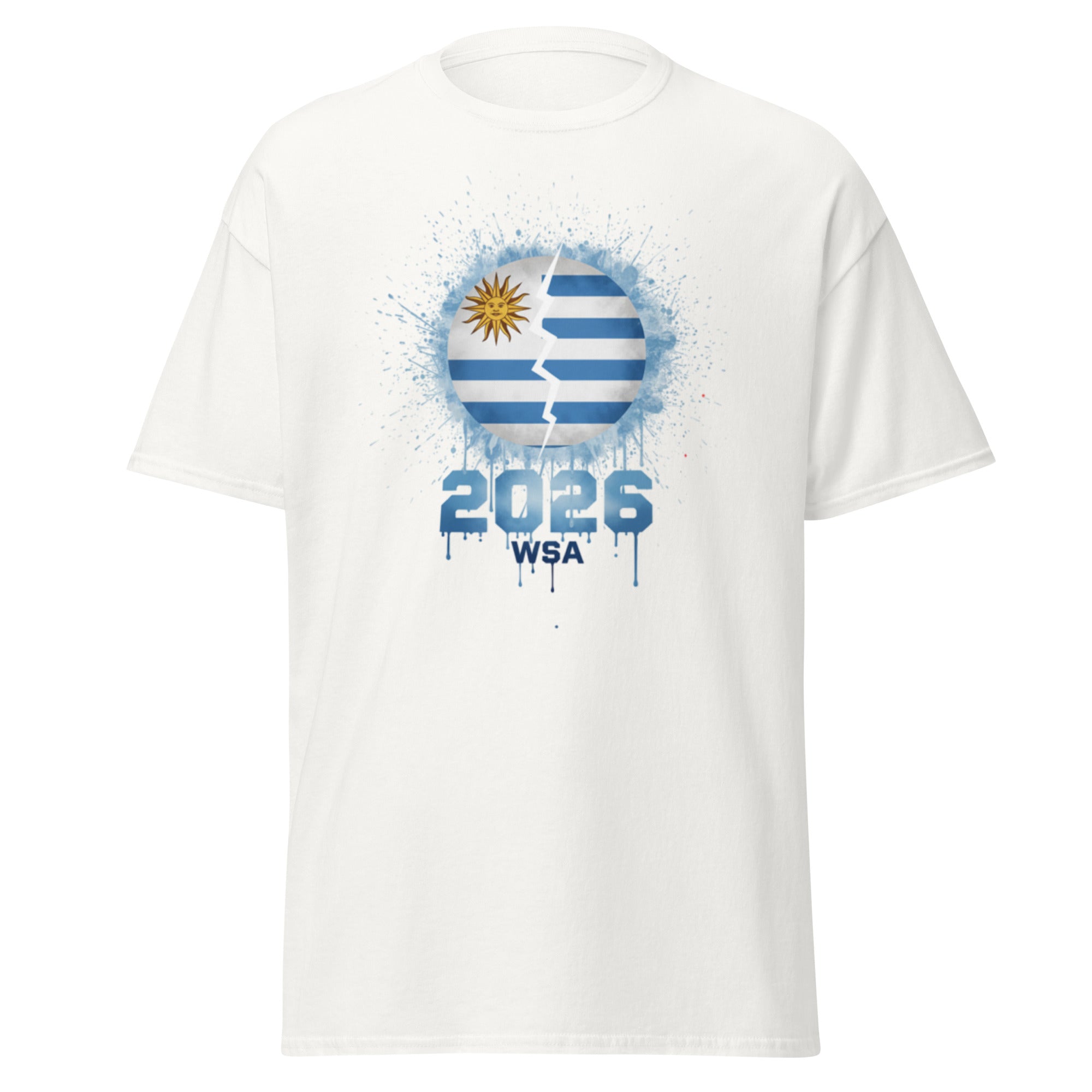 White t-shirt with a graphic design featuring a flag and '2026 WSA' text on a white background