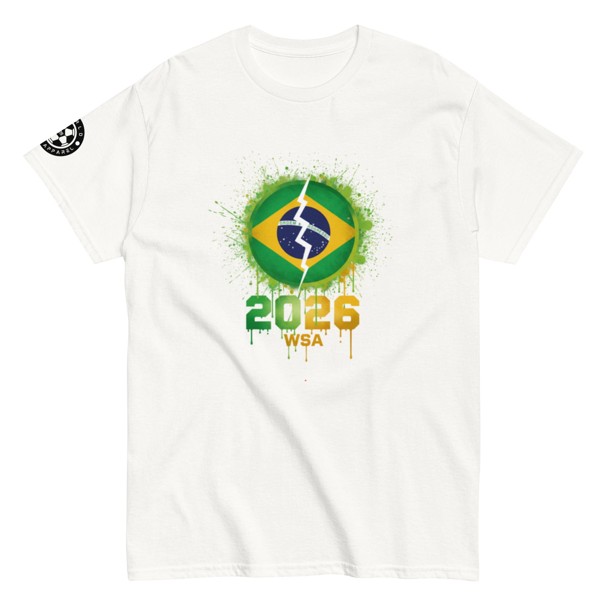 White t-shirt with a Brazilian flag design and '2026 WSA' text on a white background