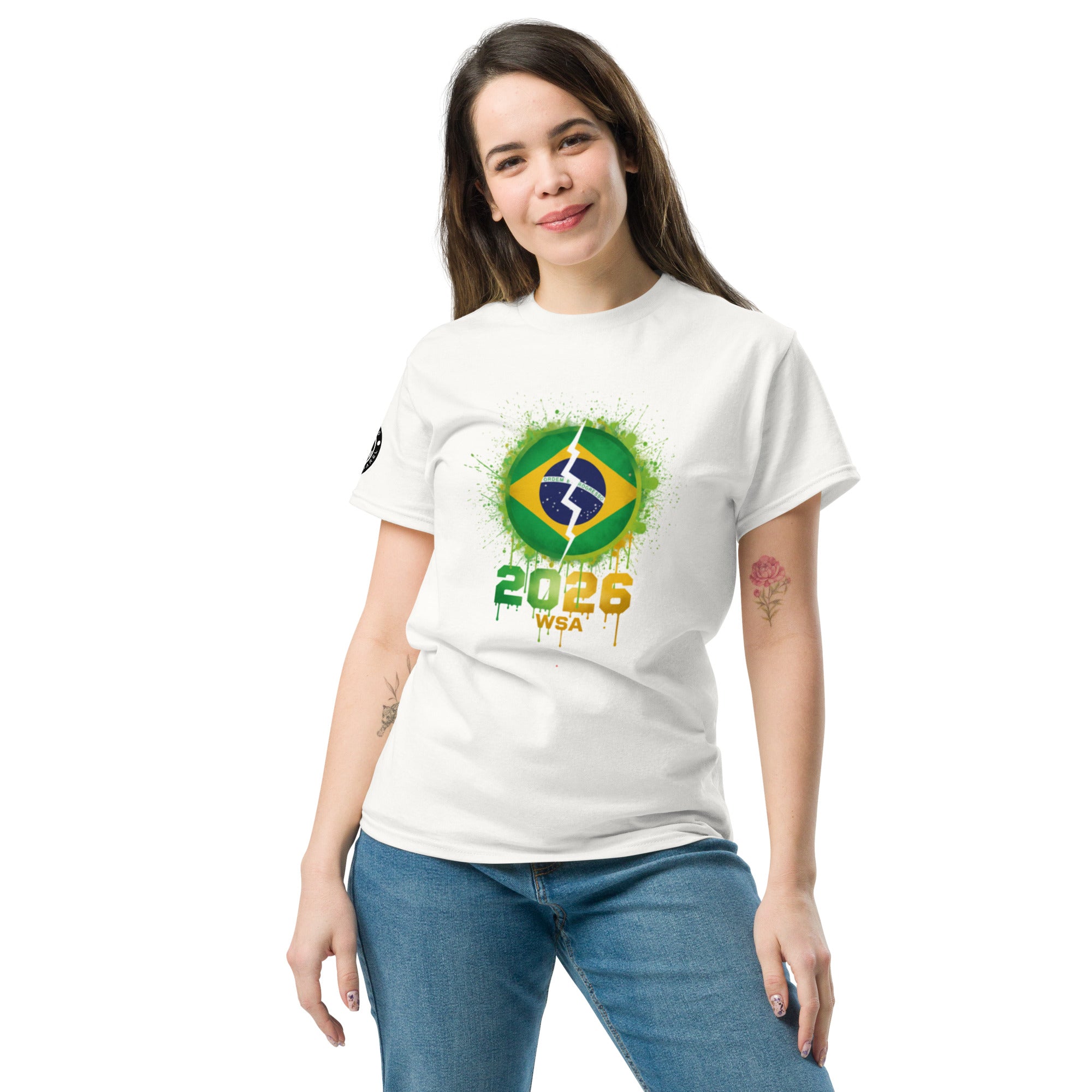 Woman wearing a white t-shirt with a logo and text on a white background