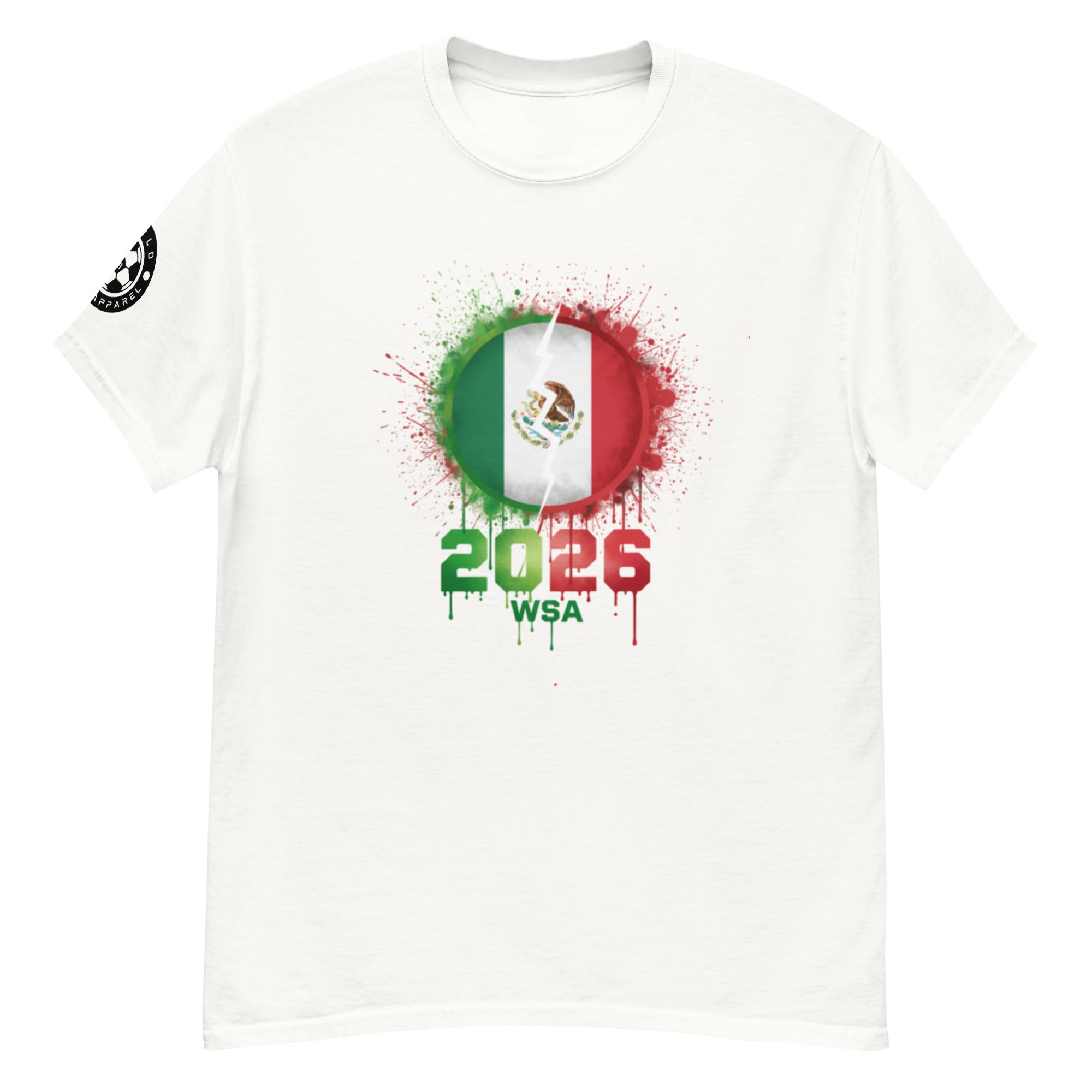White t-shirt with Mexican flag design and '2026 WSA' text on a white background