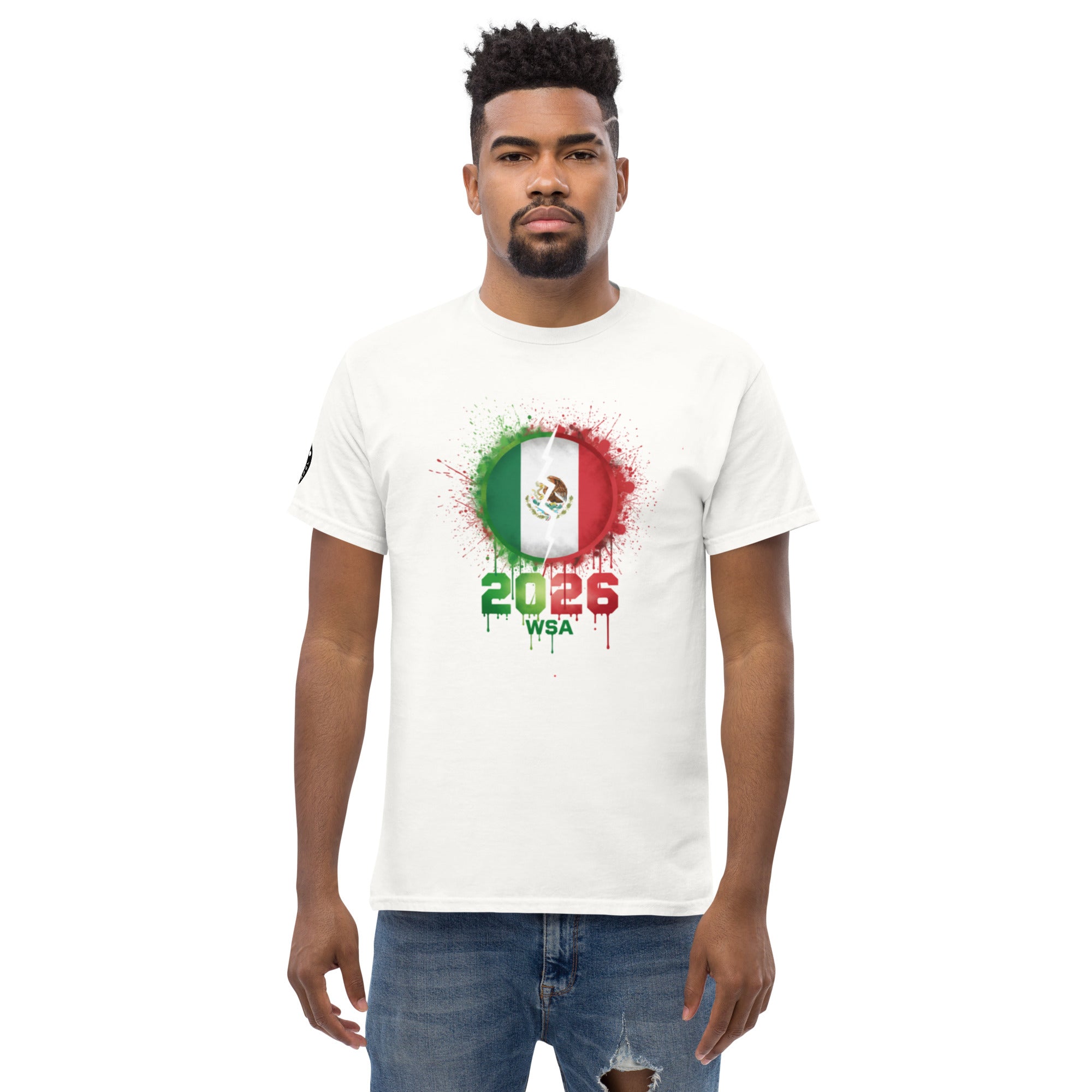 Man wearing a white t-shirt with a colorful design and text on a white background