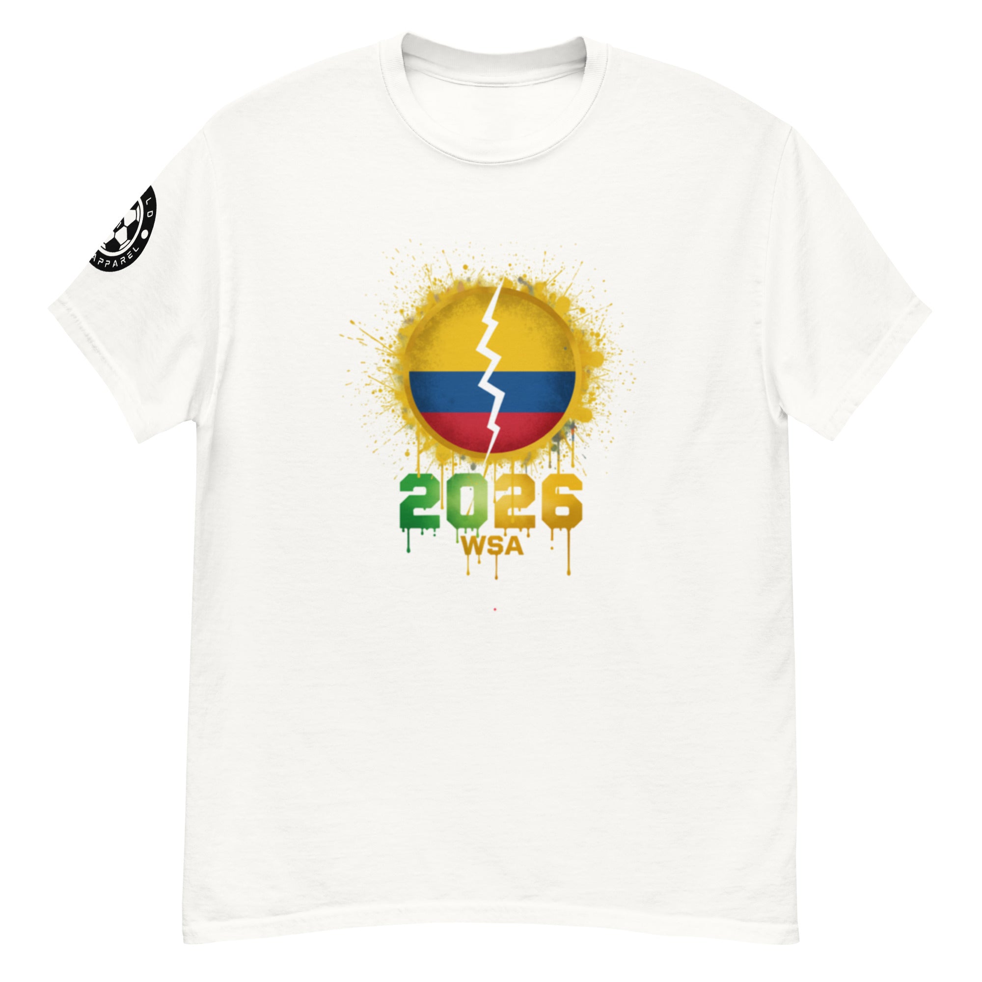 White t-shirt with a colorful design featuring the number 2026 and text on a white background