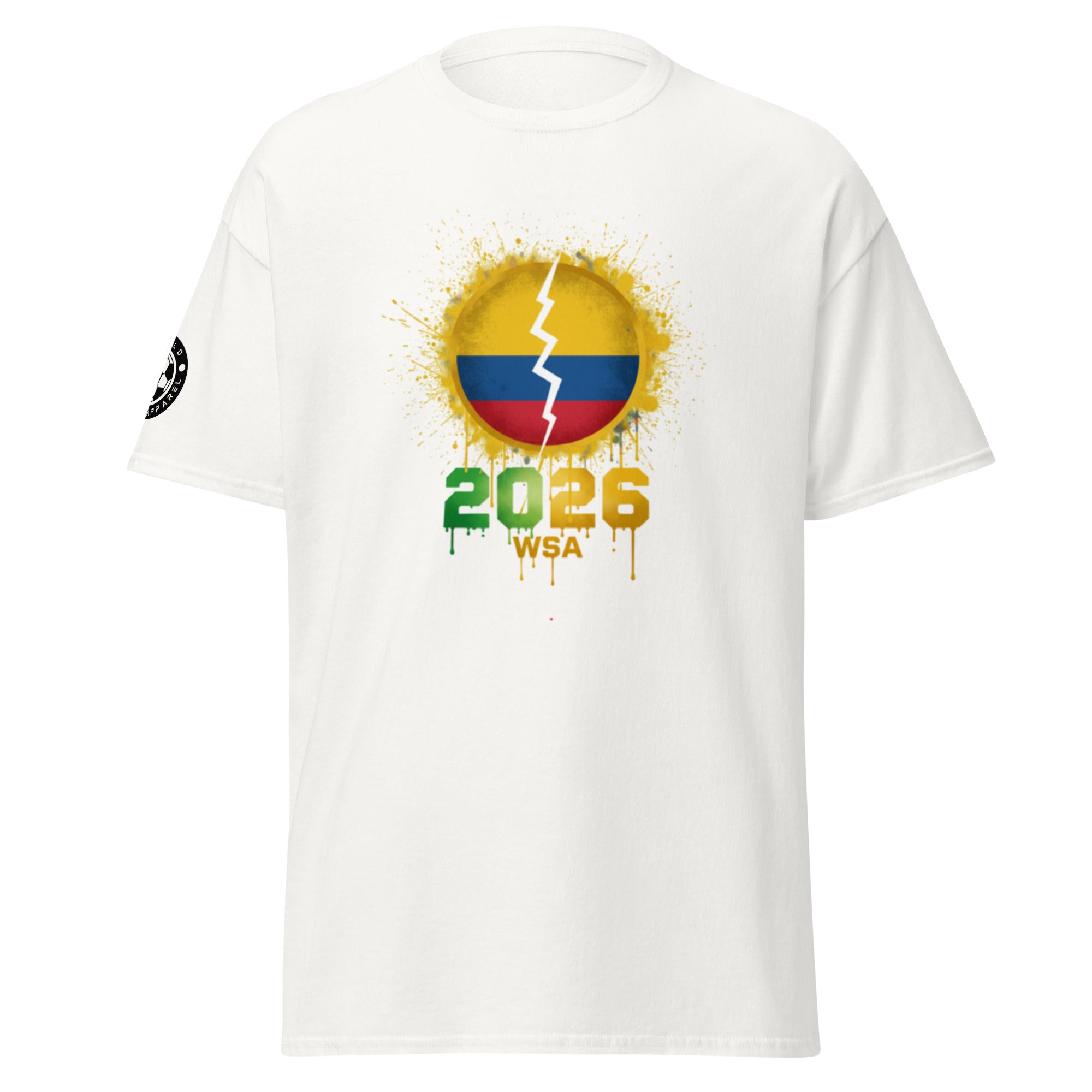 White t-shirt with a colorful graphic design on a white background