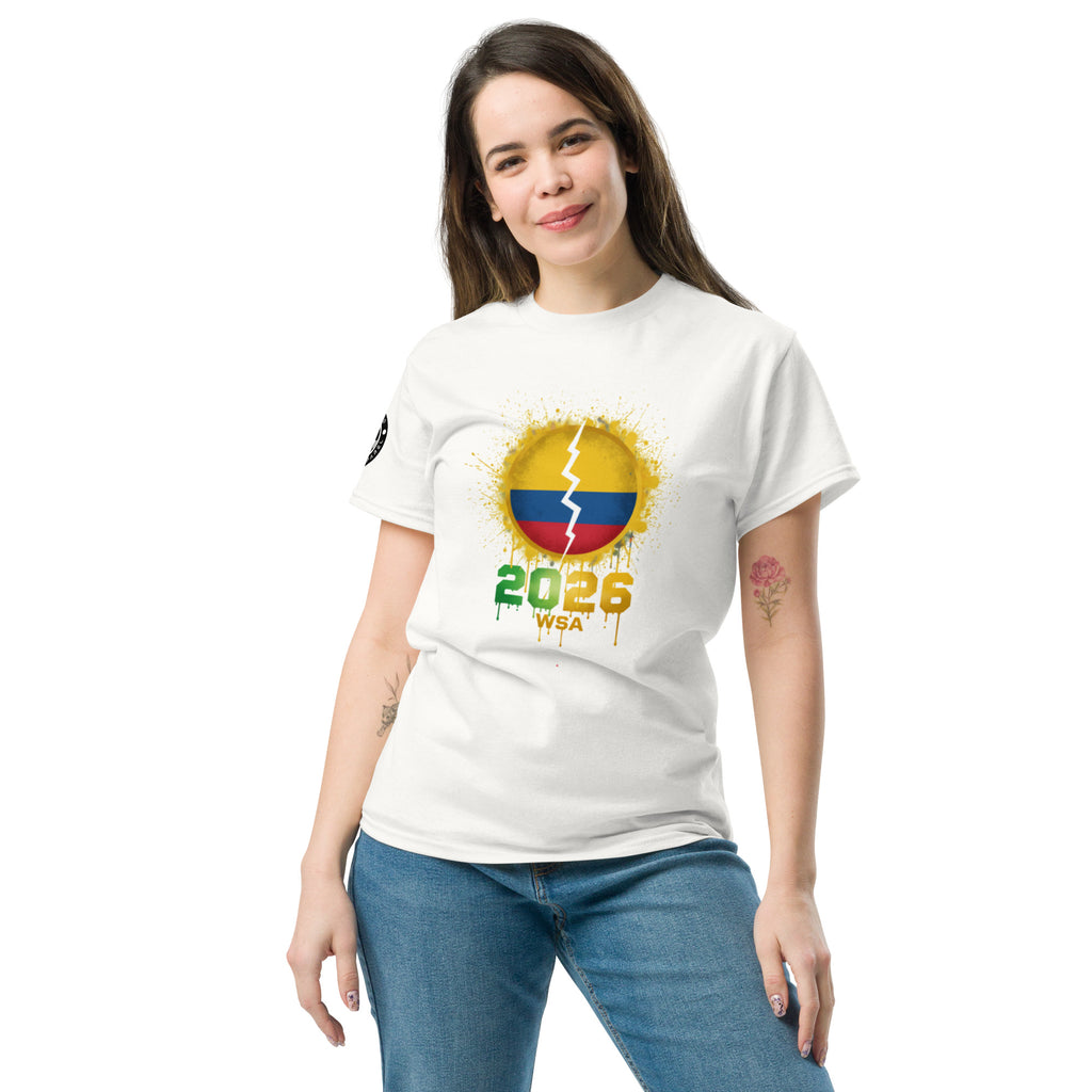 Woman wearing a white t-shirt with a colorful design on a white background