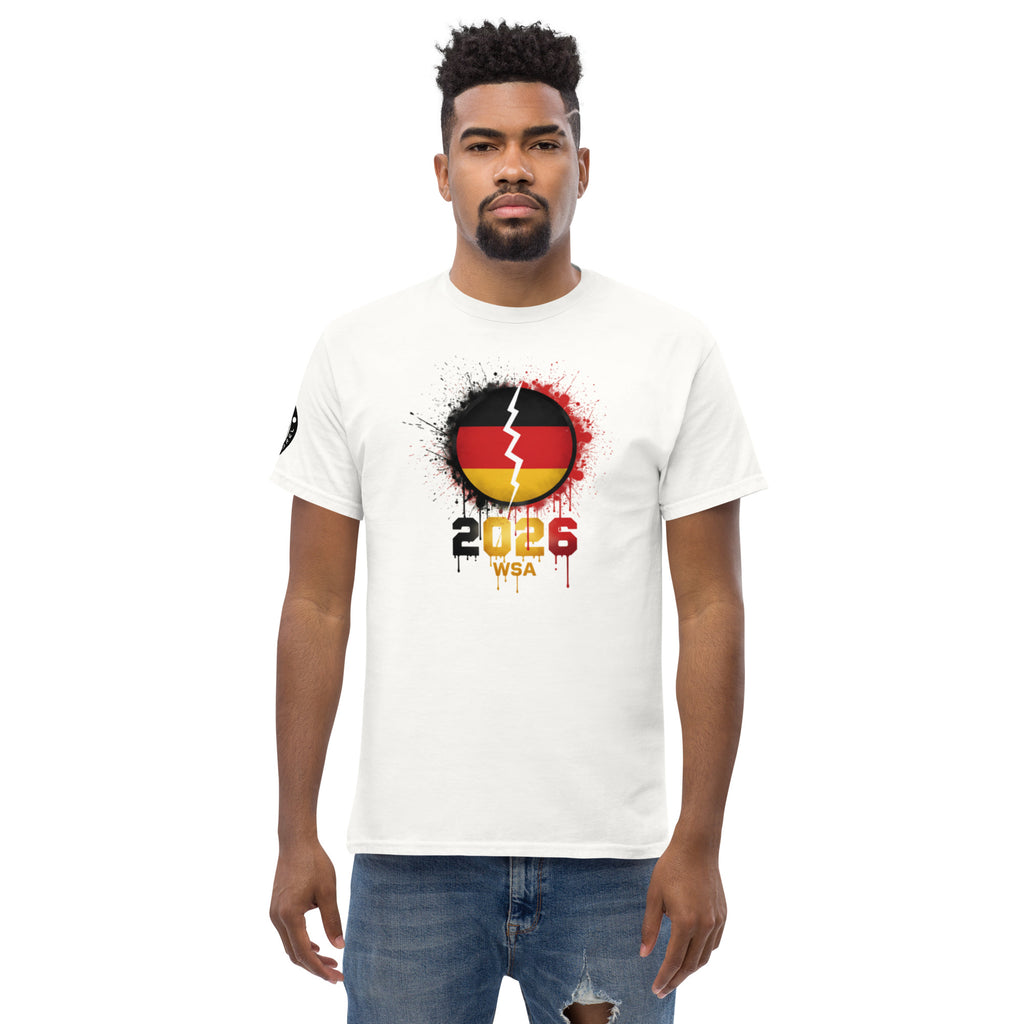 Man wearing a white t-shirt with a design featuring the number 2026 and text on a white background