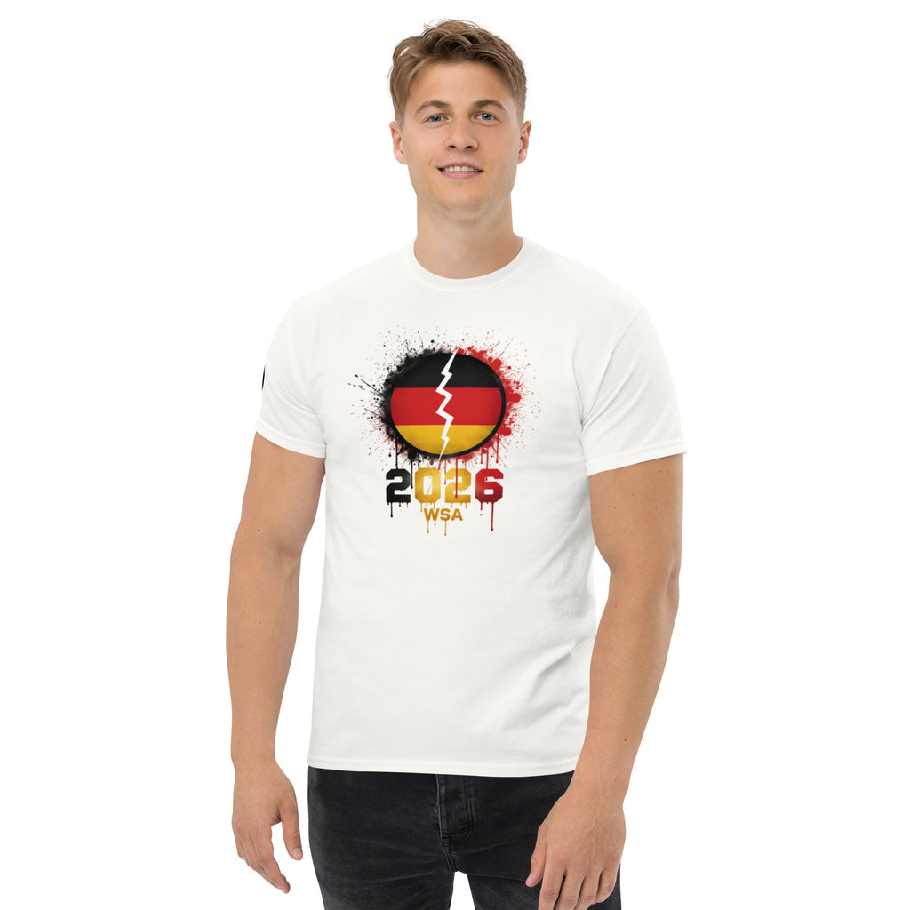 Person wearing a white t-shirt with a design featuring the number 2026 and text on a white background