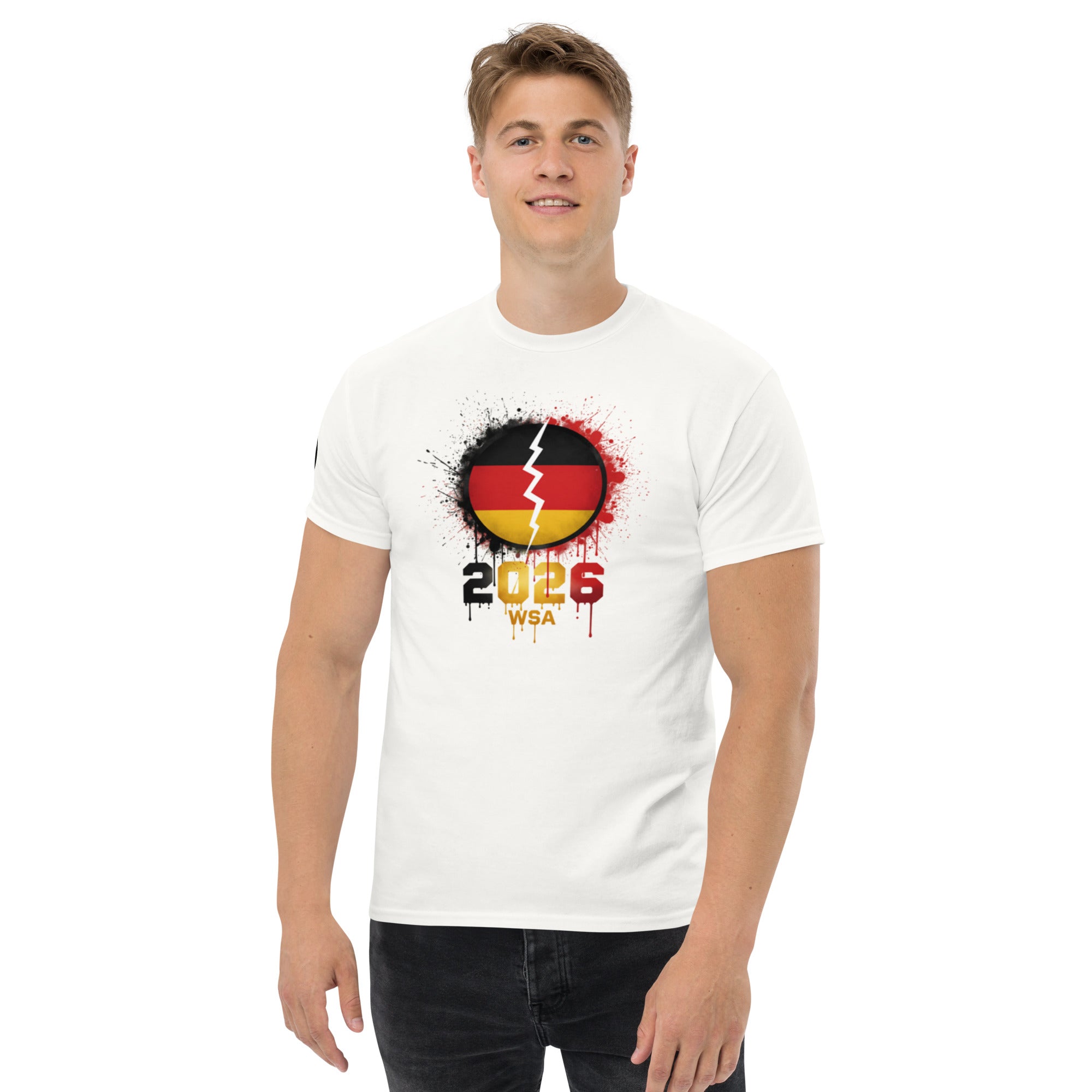 Person wearing a white t-shirt with a design featuring the number 2026 and text on a white background