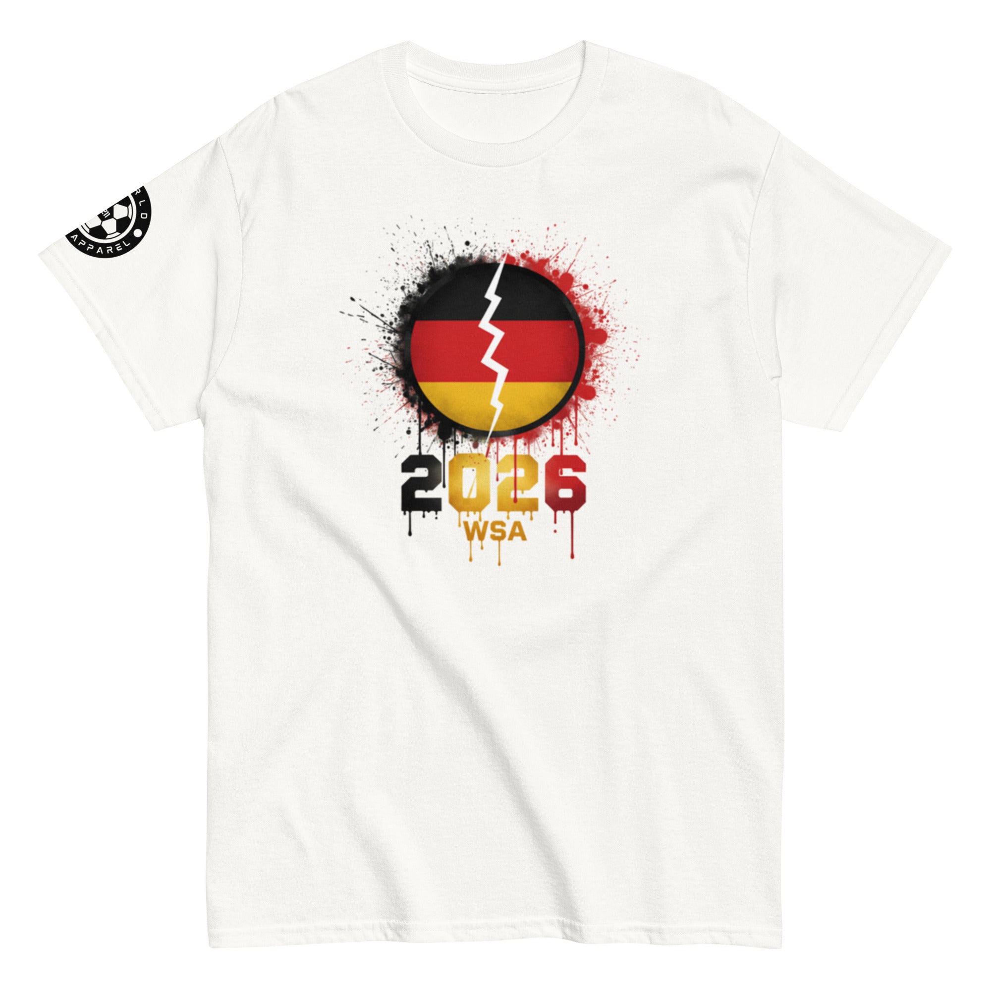 White t-shirt with a graphic design featuring a broken circle with red, black, and yellow colors and '2026 WSA' text on a white background.