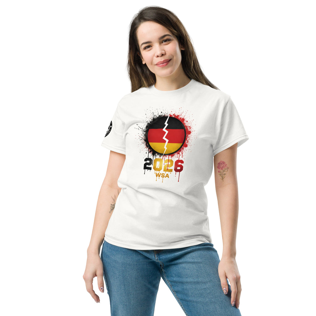 Woman wearing a white t-shirt with a design and text on a white background