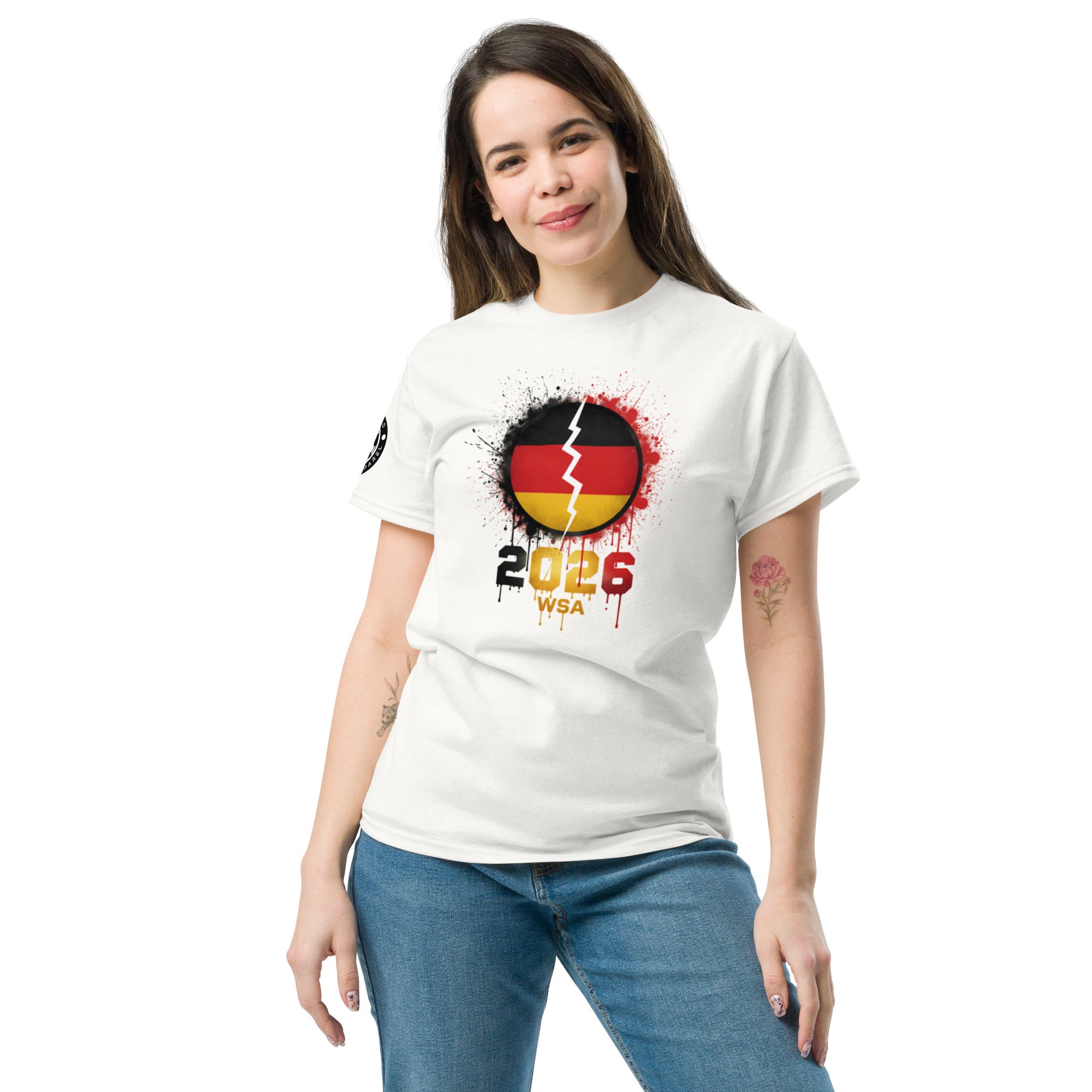 Woman wearing a white t-shirt with a design and text on a white background