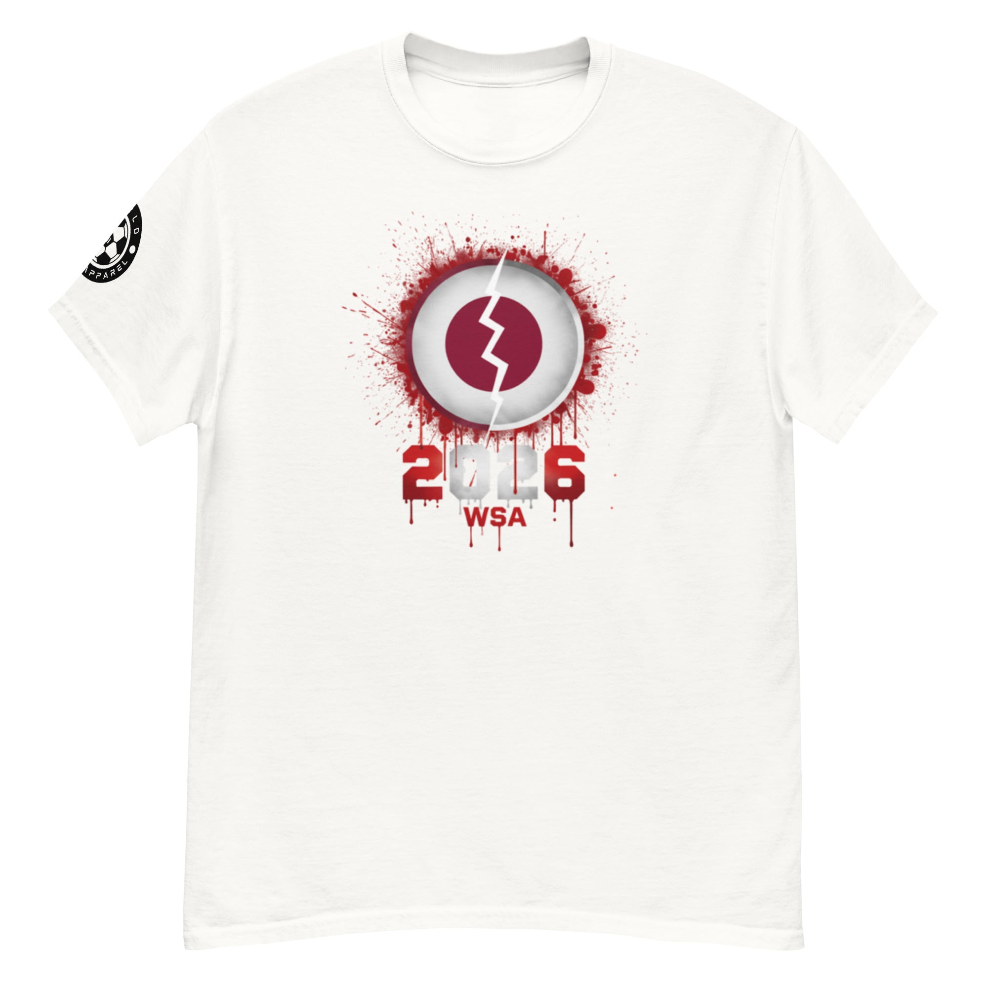 White t-shirt with red and black graphic design on a white background