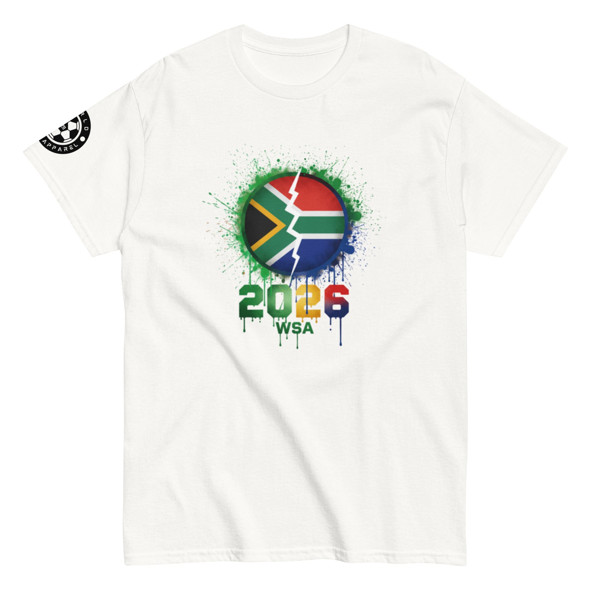 White t-shirt with a colorful graphic design featuring the number 2026 and text on a white background.