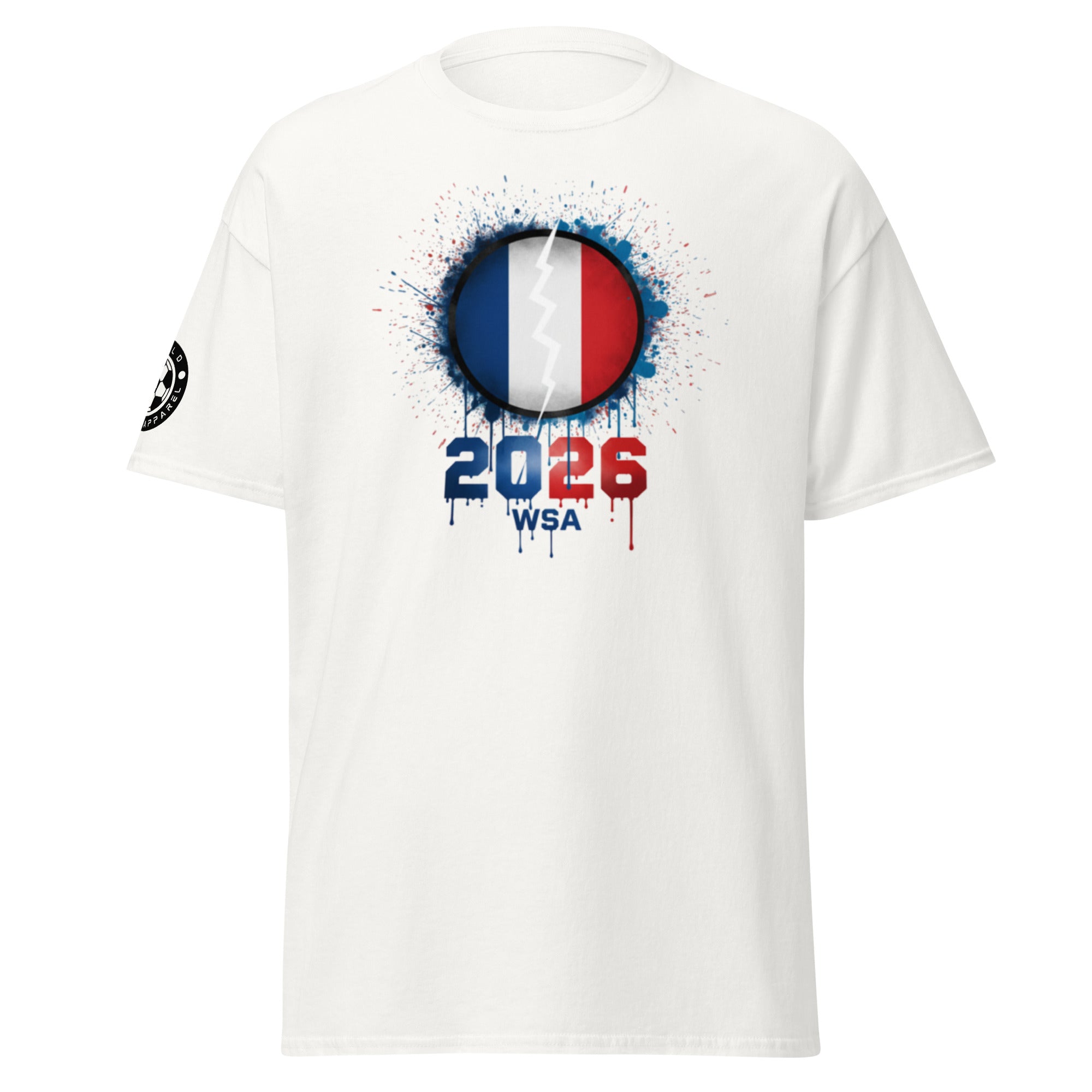 White t-shirt with a design featuring the number 2026 and text on a white background