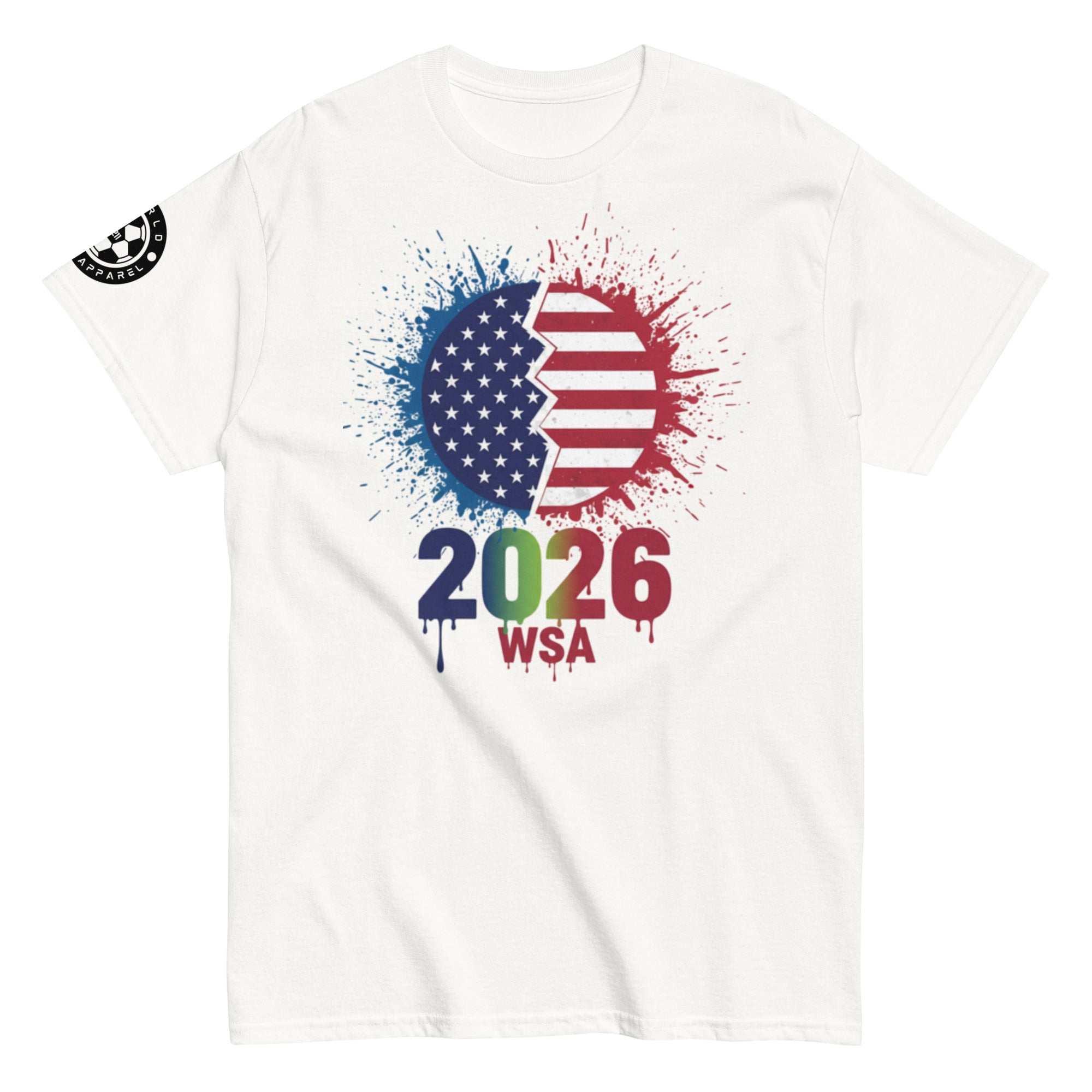 White t-shirt with colorful design featuring '2026 WSA' text on a white background