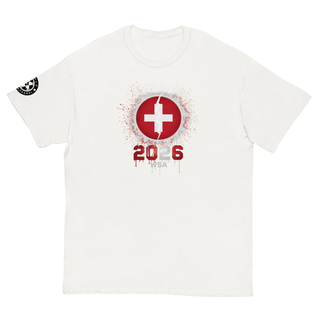 White t-shirt with a red and white logo featuring a cross and the number 2026 on a white background.